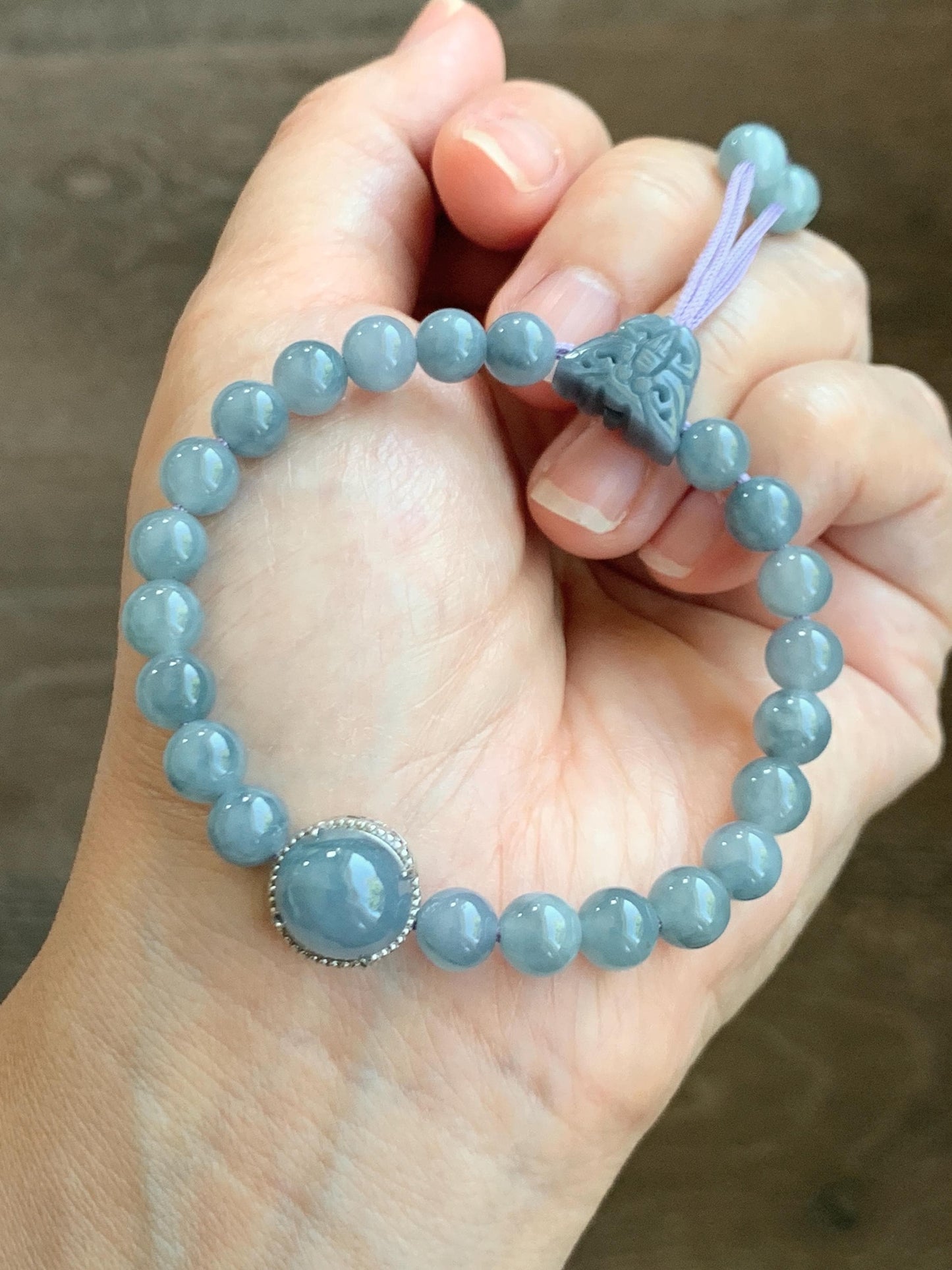 Natural Grade A Guatemalan Icy Translucent Light Blue Jade Jadeite Beads & Cabochon Charm Beaded Bracelet 6.75” 18g 天然冰胶浅蓝翡翠蛋面圆珠手串 HZW298