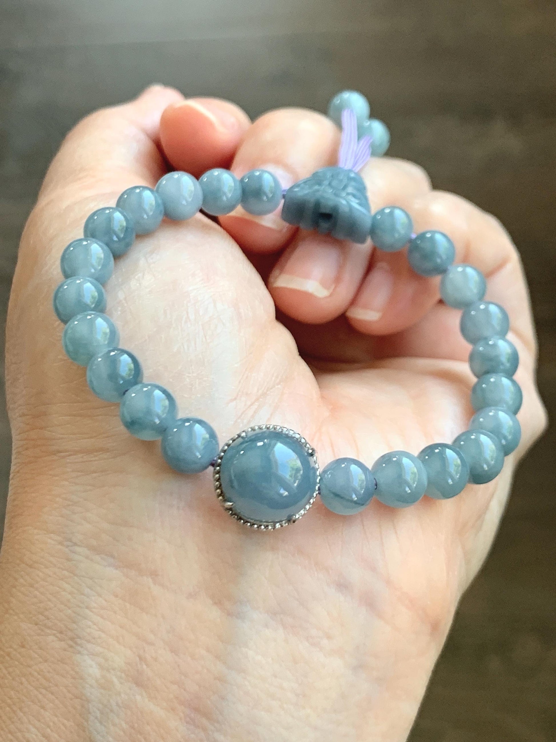 Natural Grade A Guatemalan Icy Translucent Light Blue Jade Jadeite Beads & Cabochon Charm Beaded Bracelet 6.75” 18g 天然冰胶浅蓝翡翠蛋面圆珠手串 HZW298