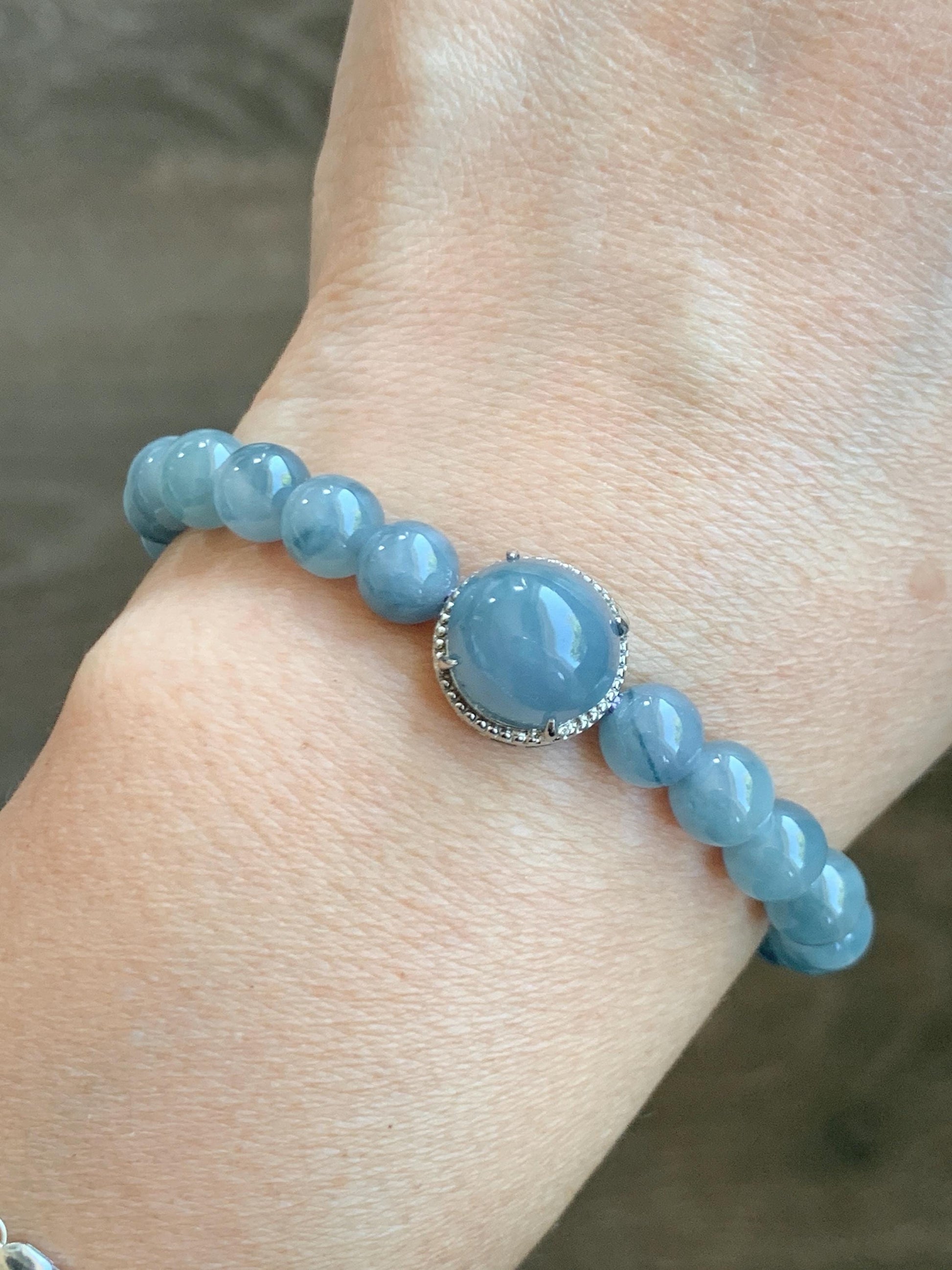 Natural Grade A Guatemalan Icy Translucent Light Blue Jade Jadeite Beads & Cabochon Charm Beaded Bracelet 6.75” 18g 天然冰胶浅蓝翡翠蛋面圆珠手串 HZW298