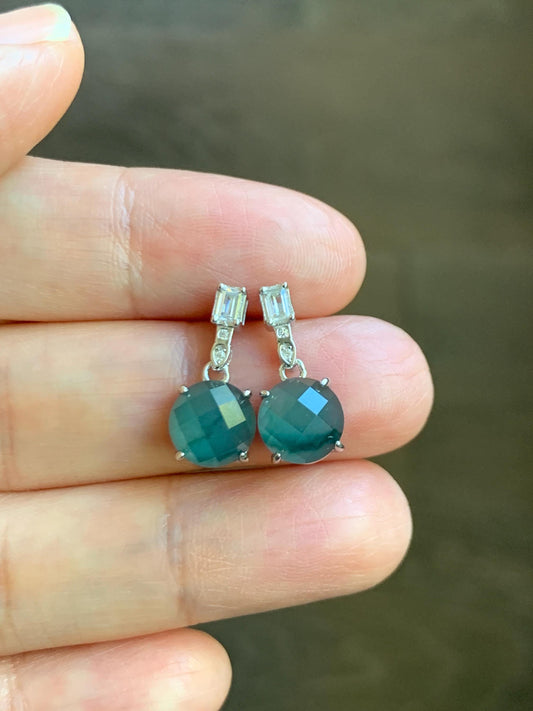 Natural Grade A Guatemalan Icy Translucent Dark Teal Blue Jadeite Faceted Round Dangle Stud Earrings Sterling Silver 天然冰危深蓝绿翡翠切割面银镶耳钉 LQG77A