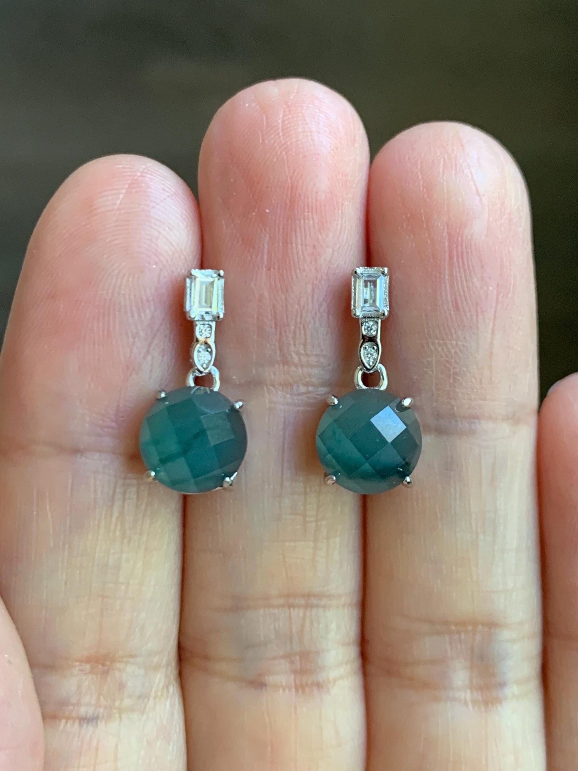 Natural Grade A Guatemalan Icy Translucent Dark Teal Blue Jadeite Faceted Round Dangle Stud Earrings Sterling Silver 天然冰危深蓝绿翡翠切割面银镶耳钉 LQG77A