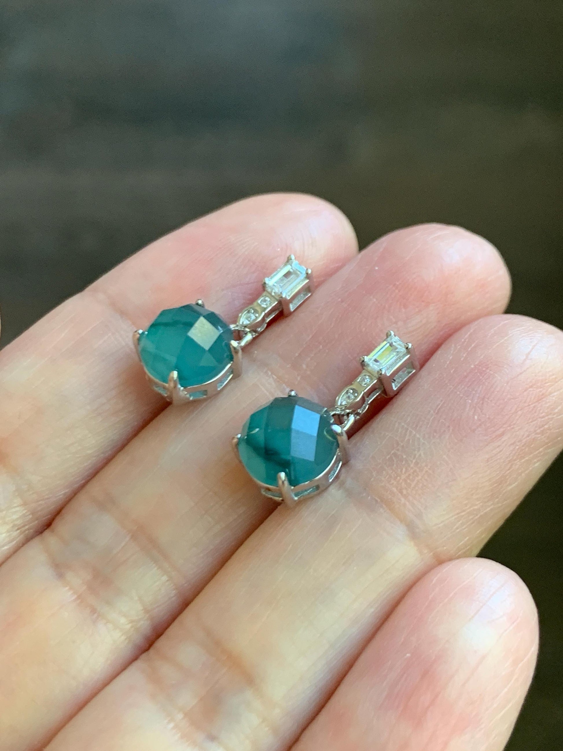 Natural Grade A Guatemalan Icy Translucent Dark Teal Blue Jadeite Faceted Round Dangle Stud Earrings Sterling Silver 天然冰危深蓝绿翡翠切割面银镶耳钉 LQG77A