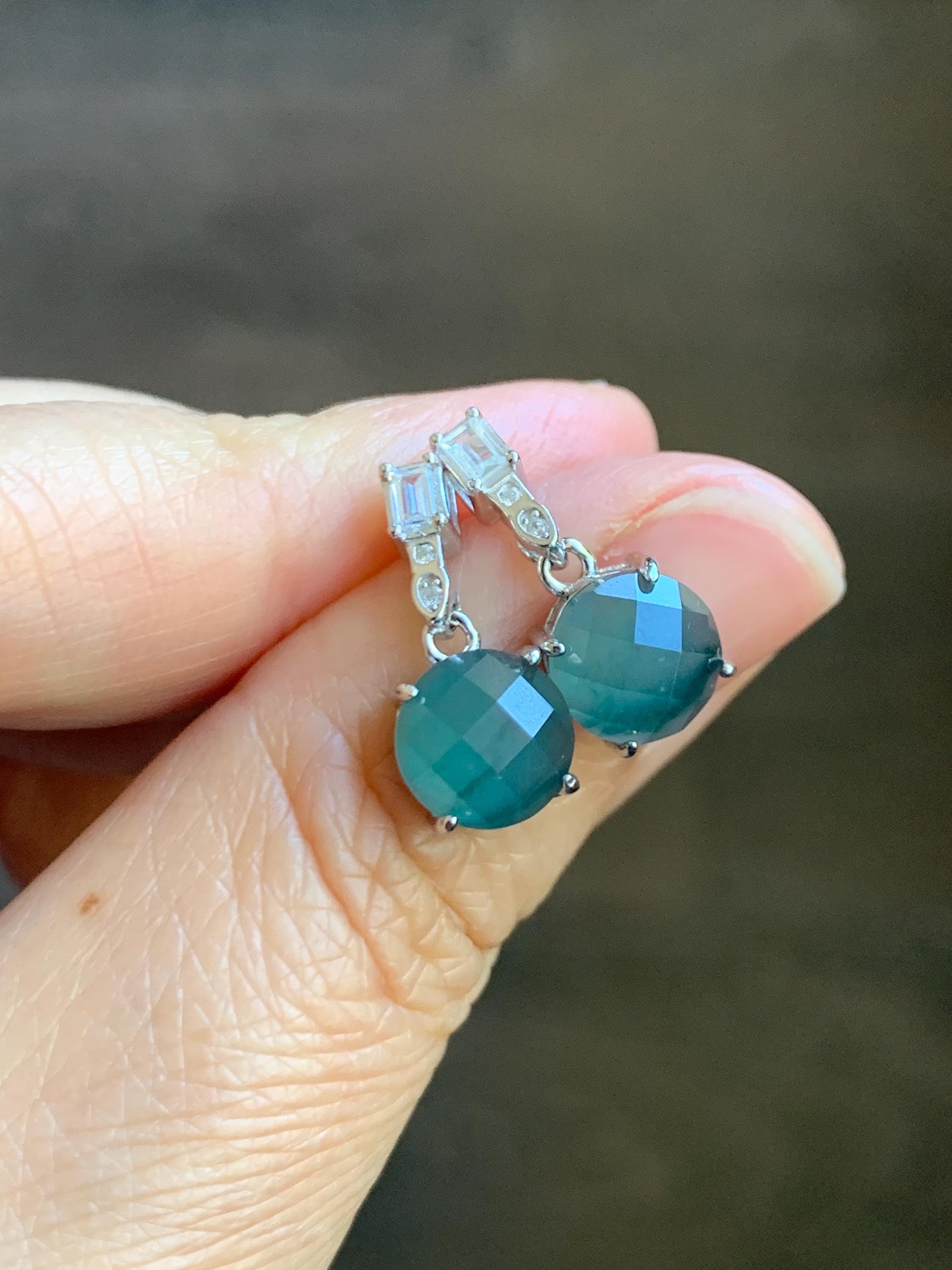 Natural Grade A Guatemalan Icy Translucent Dark Teal Blue Jadeite Faceted Round Dangle Stud Earrings Sterling Silver 天然冰危深蓝绿翡翠切割面银镶耳钉 LQG77A