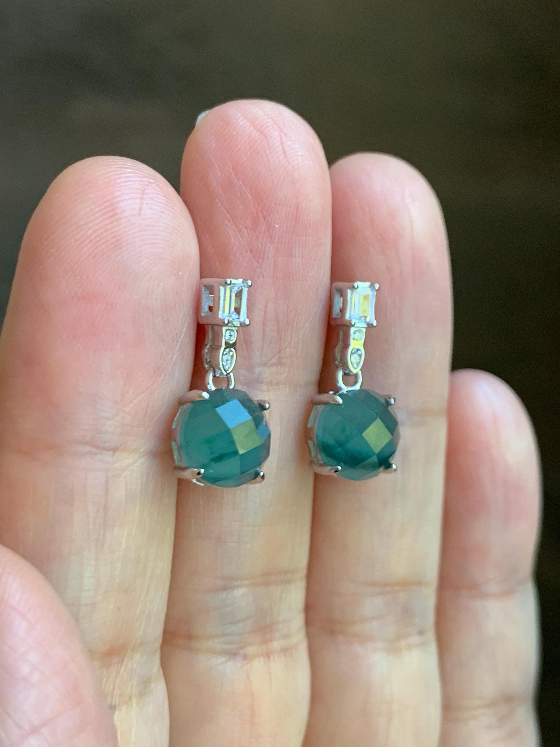 Natural Grade A Guatemalan Icy Translucent Dark Teal Blue Jadeite Faceted Round Dangle Stud Earrings Sterling Silver 天然冰危深蓝绿翡翠切割面银镶耳钉 LQG77A