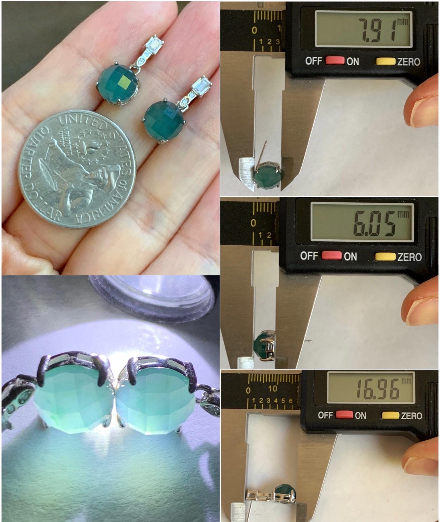 Natural Grade A Guatemalan Icy Translucent Dark Teal Blue Jadeite Faceted Round Dangle Stud Earrings Sterling Silver 天然冰危深蓝绿翡翠切割面银镶耳钉 LQG77B