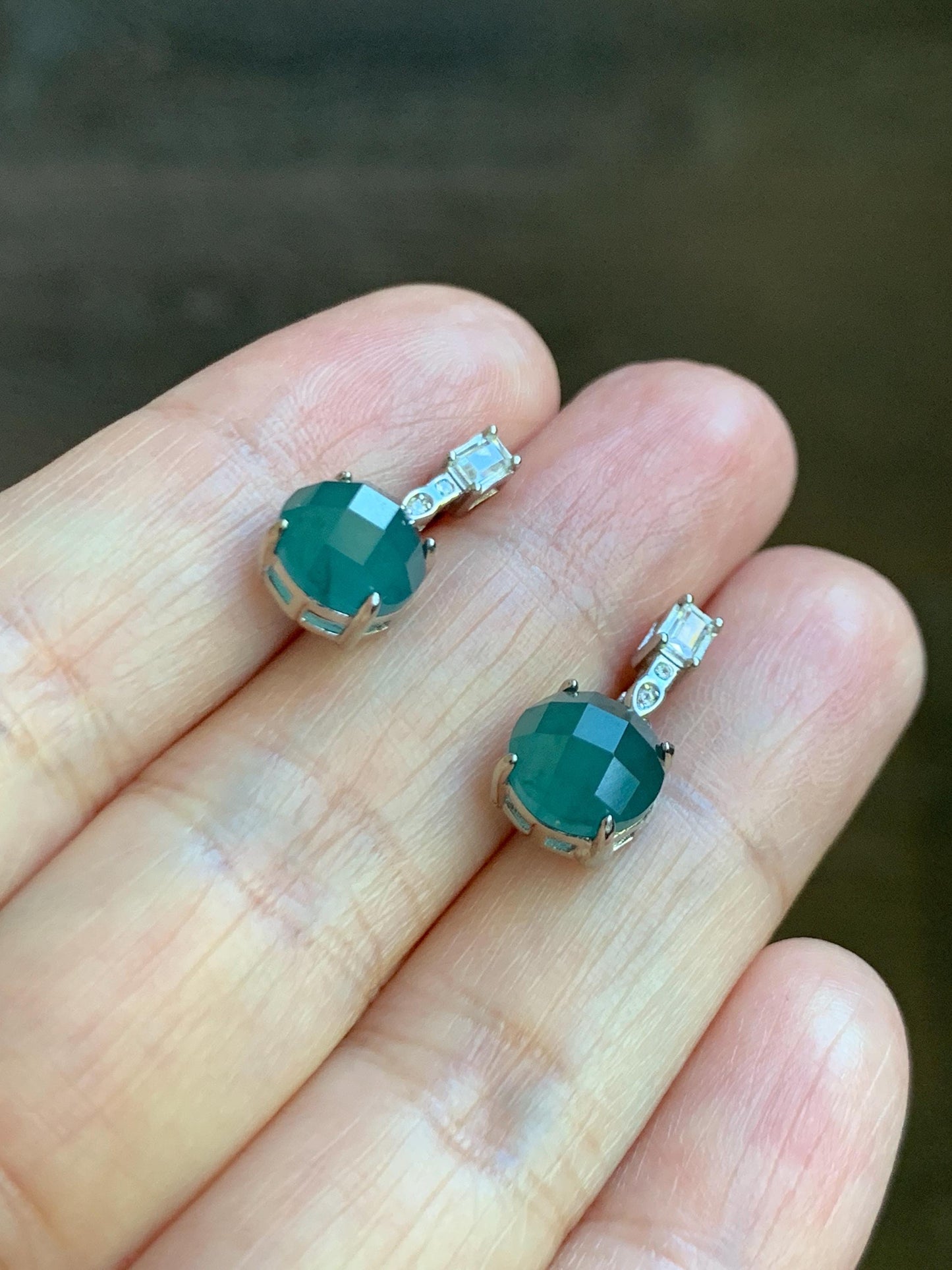 Natural Grade A Guatemalan Icy Translucent Dark Teal Blue Jadeite Faceted Round Dangle Stud Earrings Sterling Silver 天然冰危深蓝绿翡翠切割面银镶耳钉 LQG77B