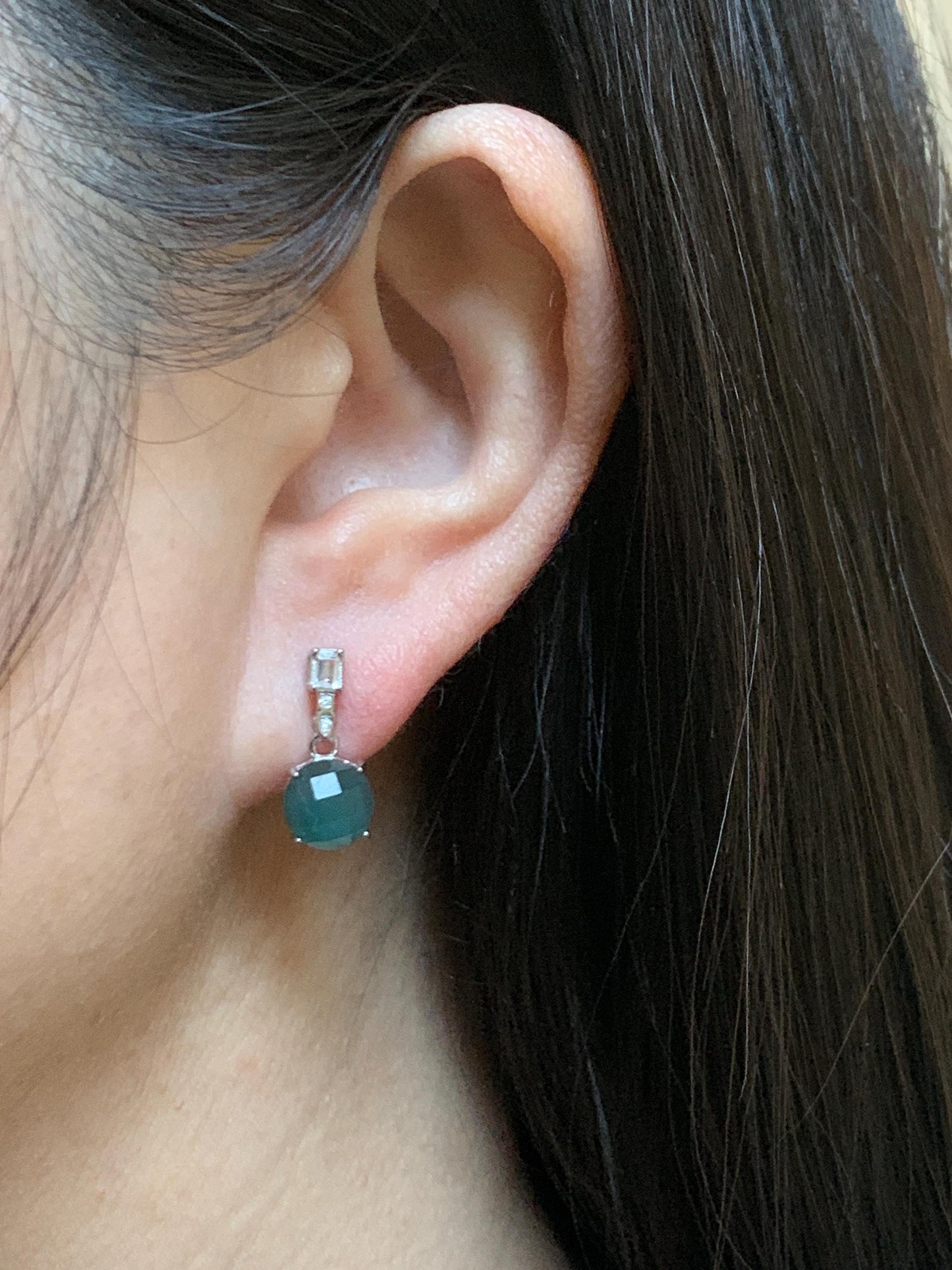 Natural Grade A Guatemalan Icy Translucent Dark Teal Blue Jadeite Faceted Round Dangle Stud Earrings Sterling Silver 天然冰危深蓝绿翡翠切割面银镶耳钉 LQG77B