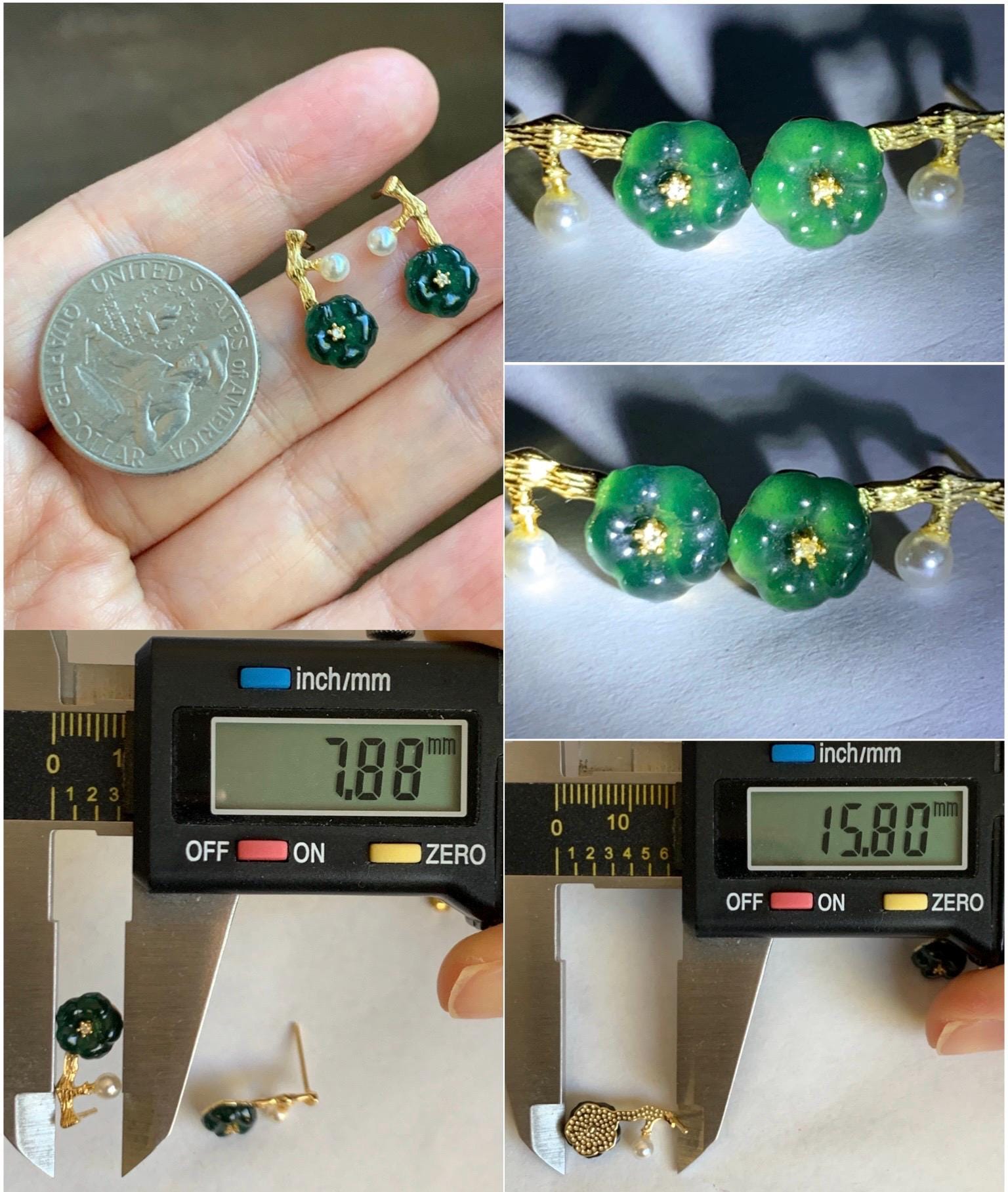 Natural Grade A Guatemalan Icy Translucent Dark Teal Green Jade Jadeite Cherry Blossom Stud Earrings Sterling Silver 天然冰危深绿翡翠梅花银镶耳钉 XKMH120G