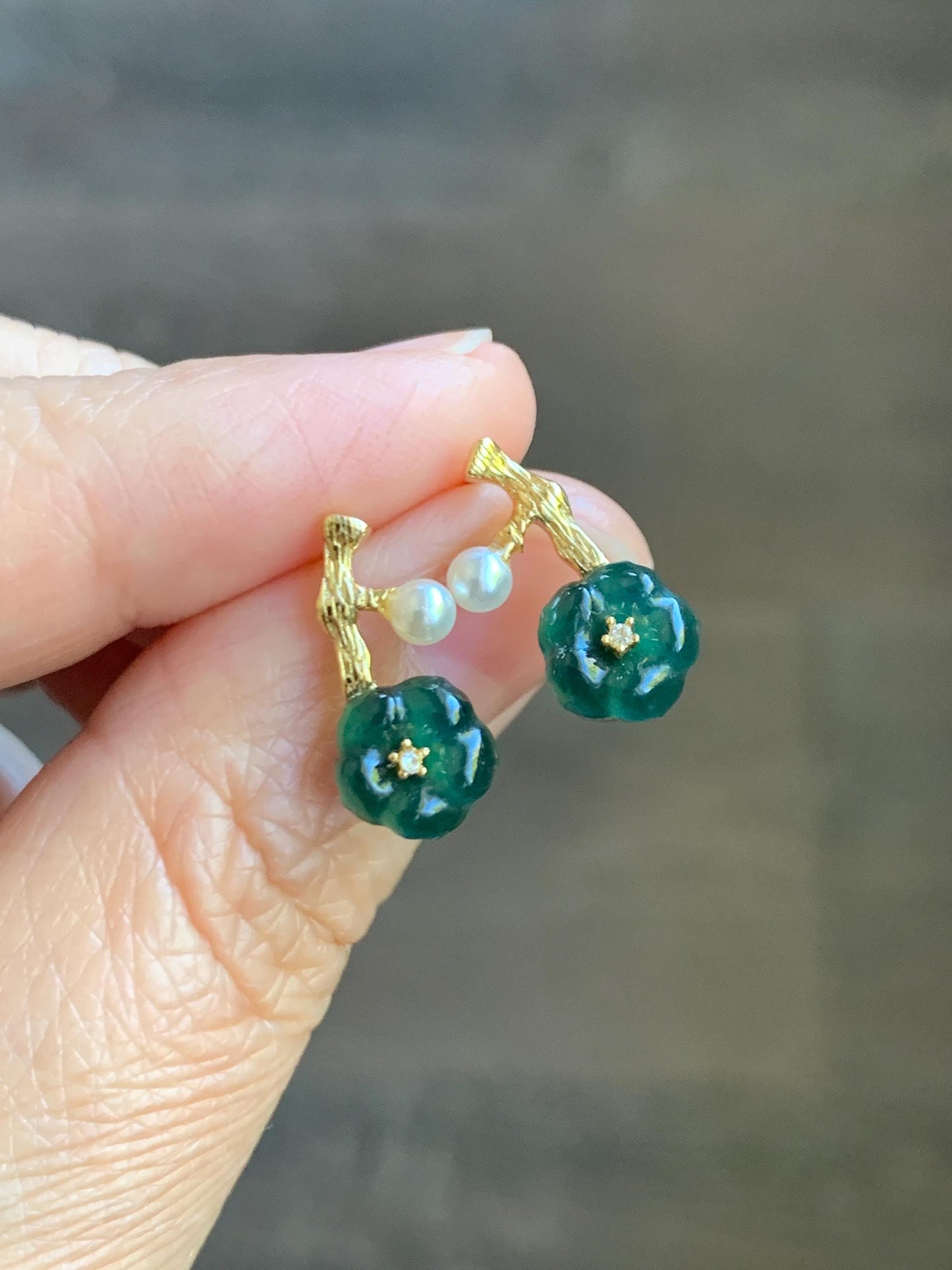 Natural Grade A Guatemalan Icy Translucent Dark Teal Green Jade Jadeite Cherry Blossom Stud Earrings Sterling Silver 天然冰危深绿翡翠梅花银镶耳钉 XKMH120G