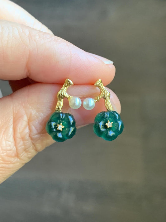 Natural Grade A Guatemalan Icy Translucent Dark Teal Green Jade Jadeite Cherry Blossom Stud Earrings Sterling Silver 天然冰危深绿翡翠梅花银镶耳钉 XKMH120G