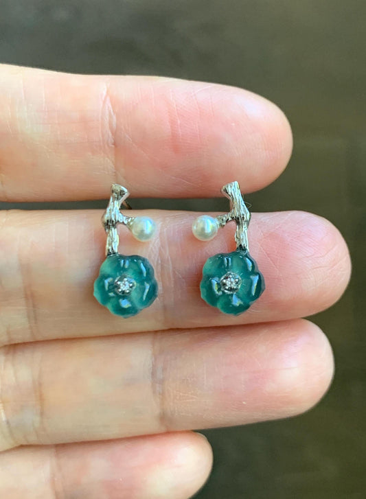 Natural Grade A Guatemalan Icy Translucent Teal Blue Jade Jadeite Cherry Blossom Stud Earrings Sterling Silver 天然冰危深蓝翡翠梅花银镶耳钉 XKMH120S