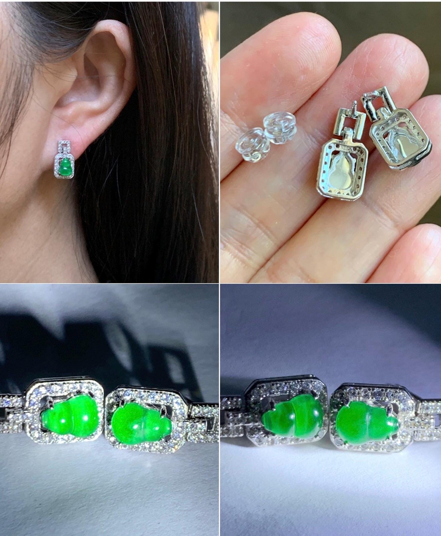 Natural Guatemalan Grade A Icy Translucent Vibrant Green Jade Jadeite Gourd Hulu Stud Earrings Sterling Silver 天然冰危绿翡翠葫芦镶嵌耳钉 XKHL150
