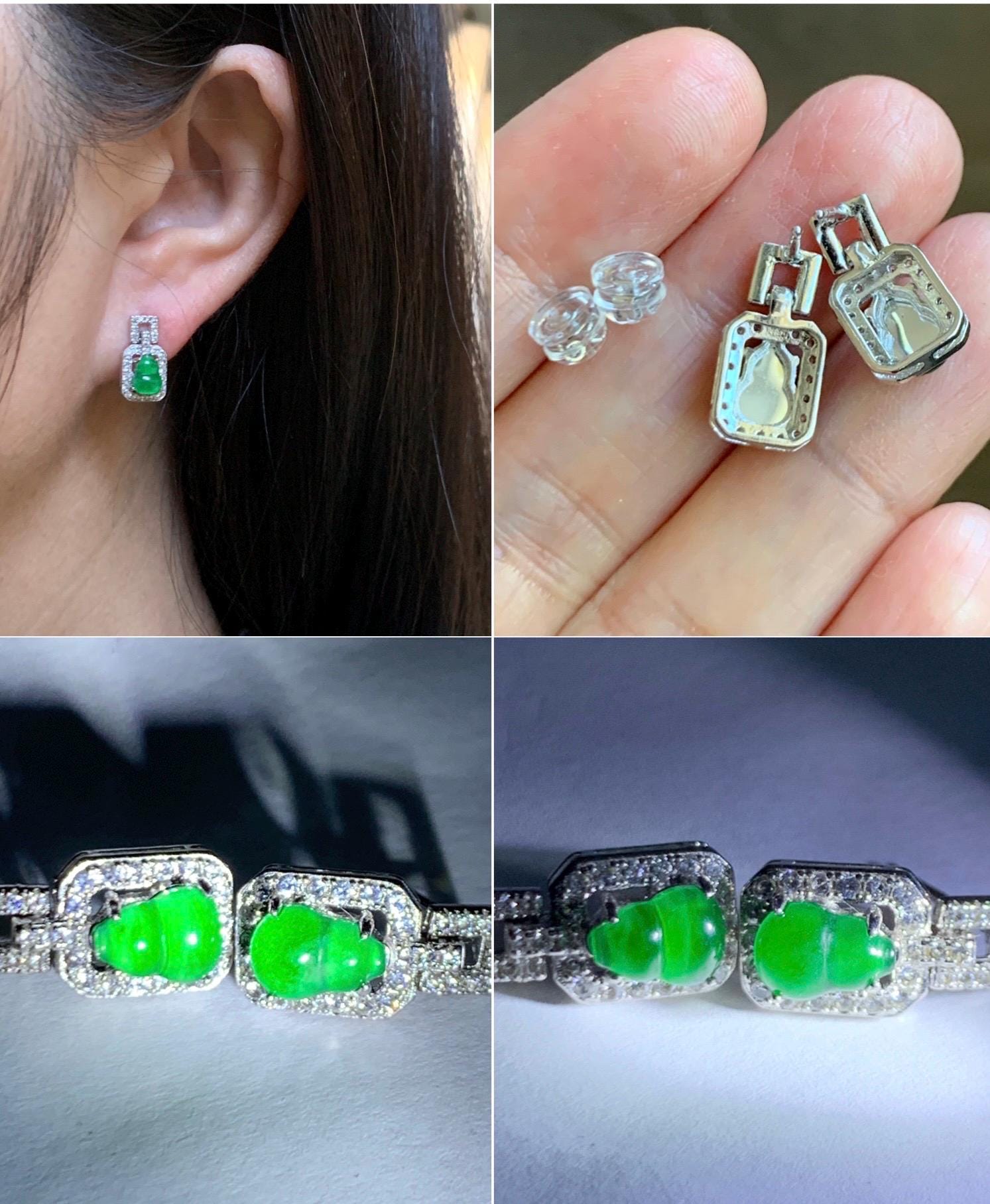 Natural Guatemalan Grade A Icy Translucent Vibrant Green Jade Jadeite Gourd Hulu Stud Earrings Sterling Silver 天然冰危绿翡翠葫芦镶嵌耳钉 XKHL150