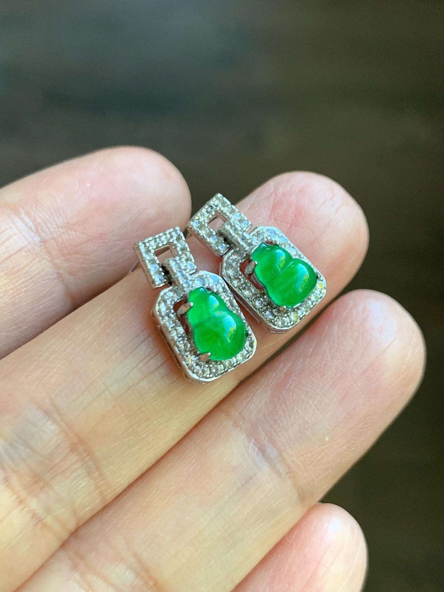 Natural Guatemalan Grade A Icy Translucent Vibrant Green Jade Jadeite Gourd Hulu Stud Earrings Sterling Silver 天然冰危绿翡翠葫芦镶嵌耳钉 XKHL150