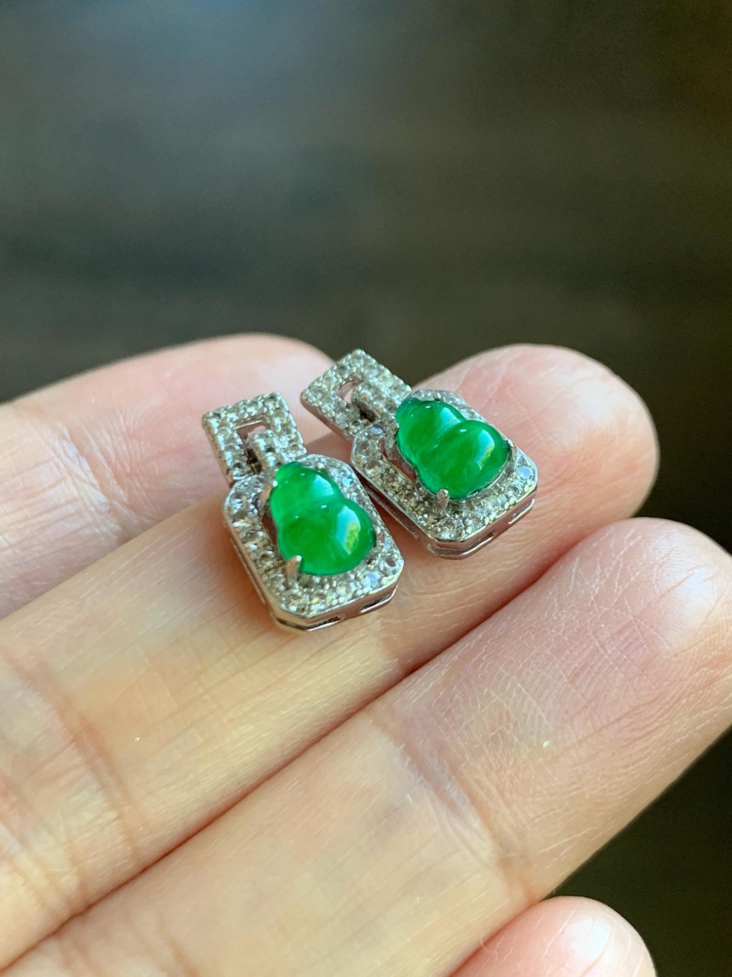 Natural Guatemalan Grade A Icy Translucent Vibrant Green Jade Jadeite Gourd Hulu Stud Earrings Sterling Silver 天然冰危绿翡翠葫芦镶嵌耳钉 XKHL150