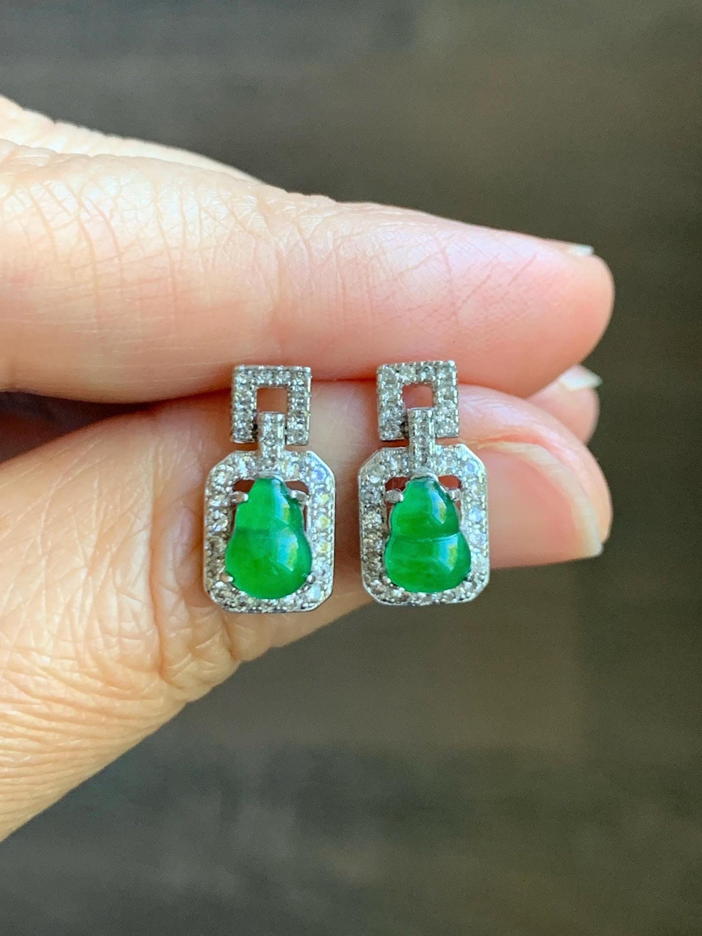 Natural Guatemalan Grade A Icy Translucent Vibrant Green Jade Jadeite Gourd Hulu Stud Earrings Sterling Silver 天然冰危绿翡翠葫芦镶嵌耳钉 XKHL150
