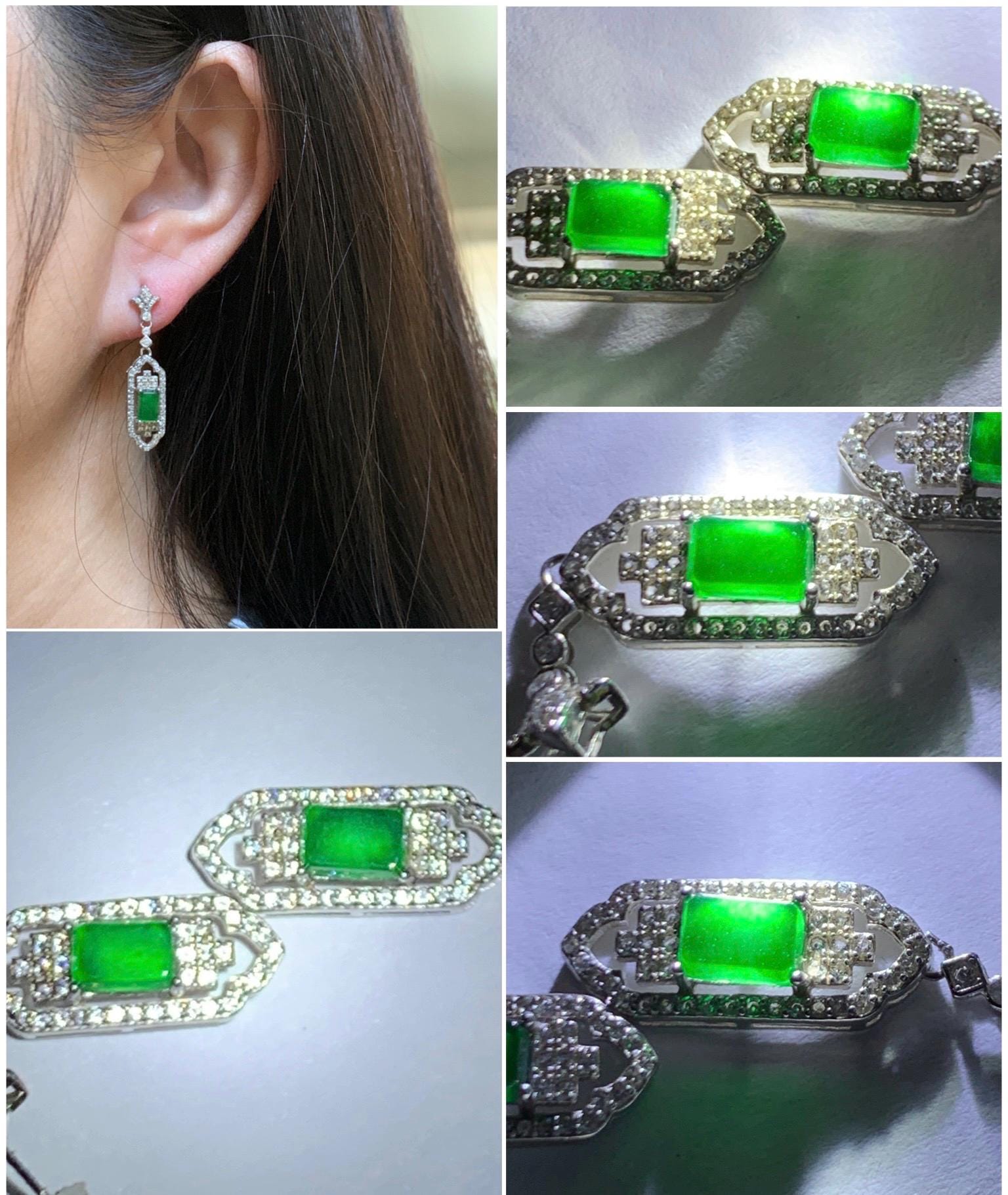 Natural Grade A Guatemalan Icy Translucent Vibrant Green Rectangle Jade Jadeite Art Deco Style Earrings Sterling Silver 天然冰危绿翡翠银镶耳钉 ADWL88