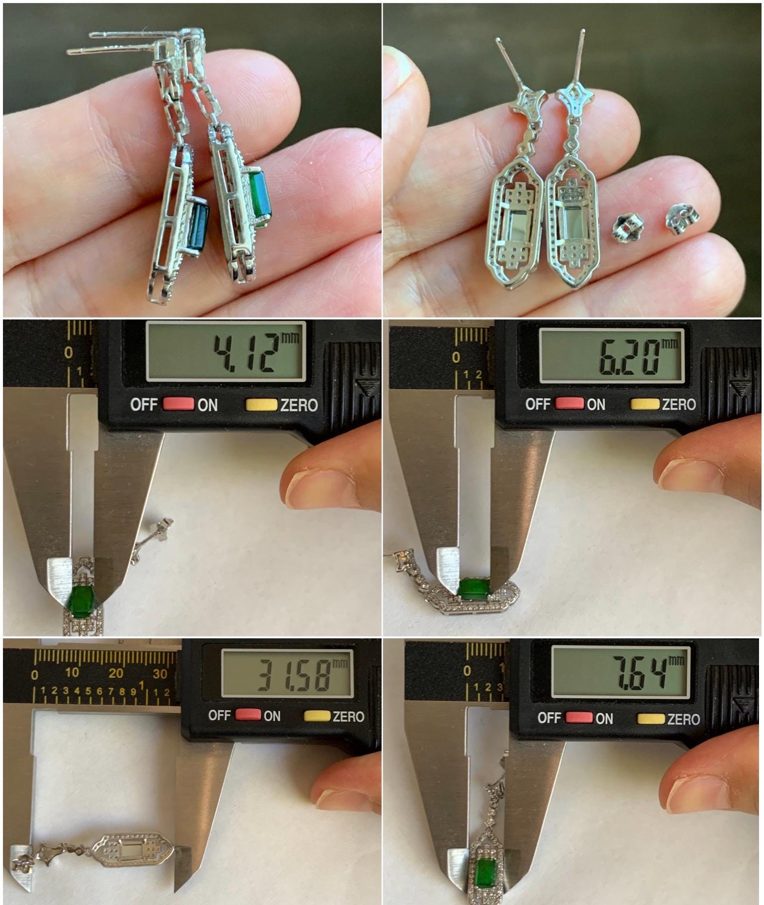 Natural Grade A Guatemalan Icy Translucent Vibrant Green Rectangle Jade Jadeite Art Deco Style Earrings Sterling Silver 天然冰危绿翡翠银镶耳钉 ADWL88