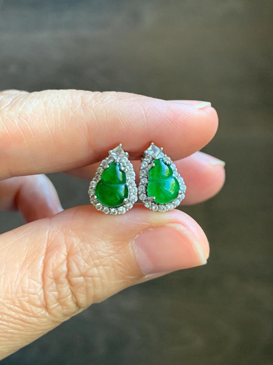 Natural Grade A Guatemalan Icy Translucent Vibrant Green Jade Jadeite Gourd Hulu Huggie Hoop Earrings Sterling Silver 天然冰危绿翡翠葫芦银镶耳包 DHL99
