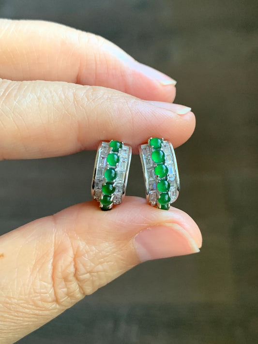 Natural Guatemalan Grade A Icy Highly Translucent Vibrant Green Jade Jadeite Hoop Huggie Earrings Sterling Silver 天然冰危绿起光翡翠银镶耳包 WLEB77