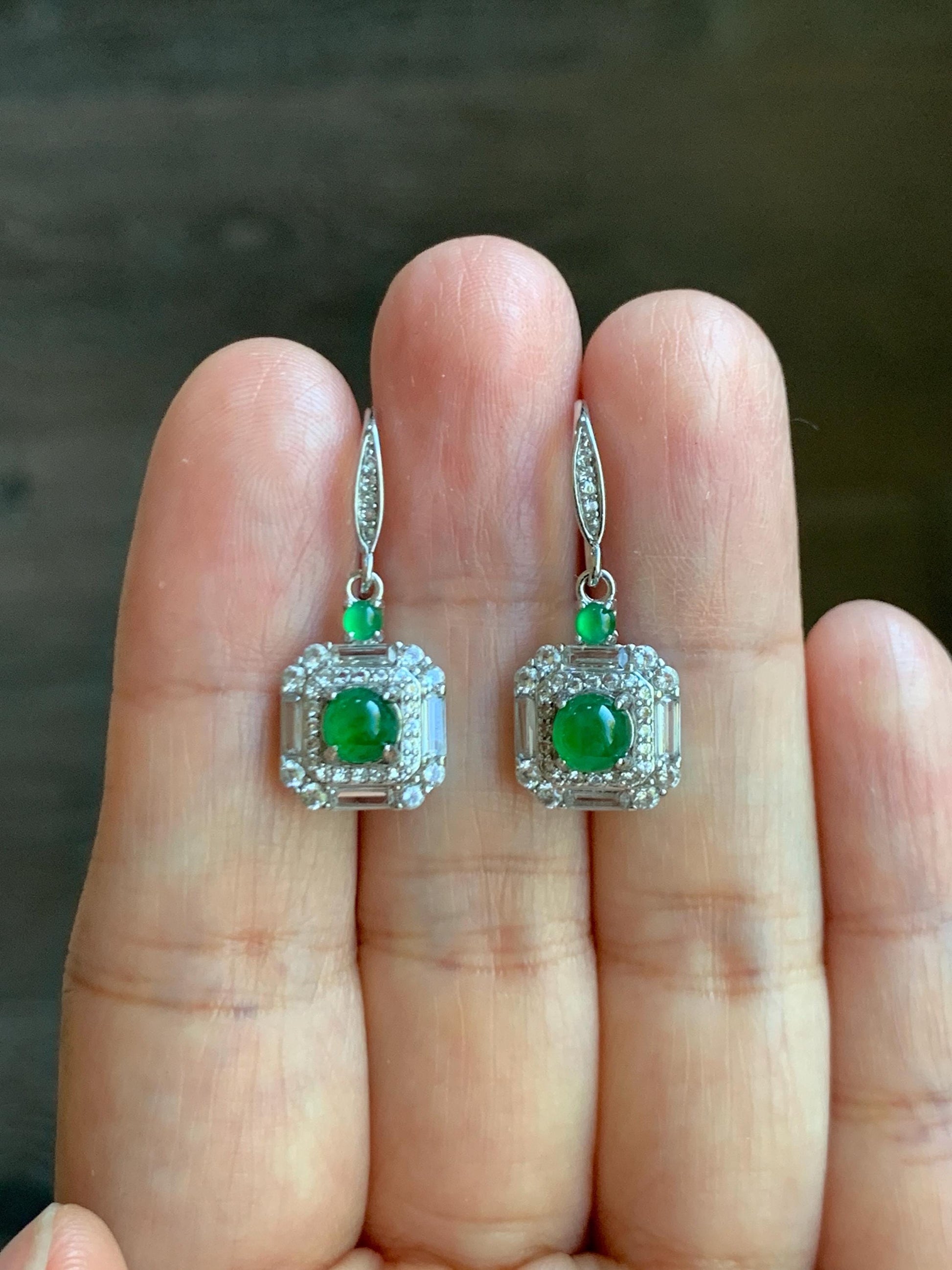 Natural Grade A Guatemalan Icy Translucent Vibrant Green Jade Jadeite Art Deco Style Dangle Earrings Sterling Silver 天然冰危绿翡翠银镶耳钩 ADED88