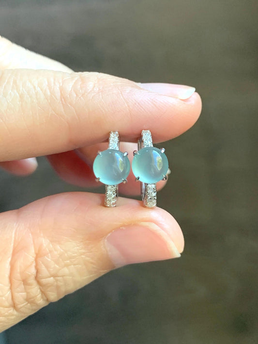 Natural Grade A Guatemalan Icy Highly Translucent Pastel Teal Blue Jade Jadeite Hoop Huggie Earrings Sterling Silver 天然冰危淡蓝翡翠银镶耳包 XLB77