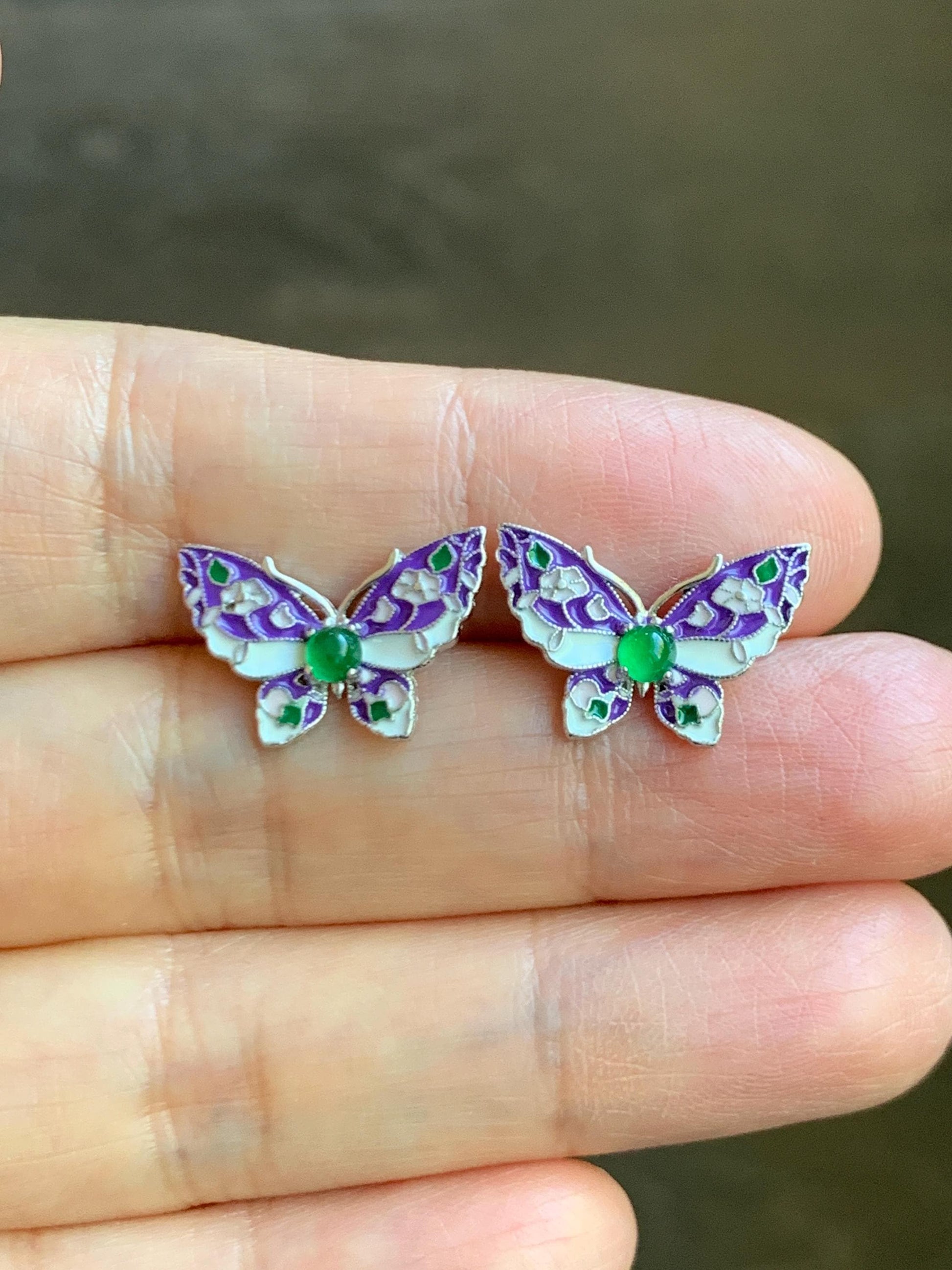 Natural Grade A Guatemalan Icy Translucent Vibrant Green Jade Jadeite Butterfly Enamel Earrings Sterling Silver 天然冰危绿翡翠银镶蝴蝶烤漆耳钉 KQHY66