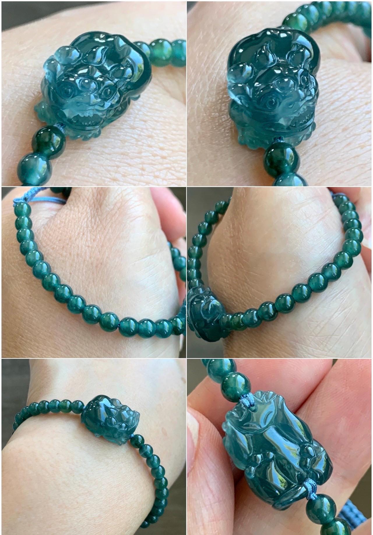 Natural Grade A Guatemalan Icy Highly Translucent Dark Teal Blue Jade Jadeite Pixiu Beaded Bracelet 6.75” 10g 天然高冰危蓝翡翠貔貅圆珠手串 GBWP388