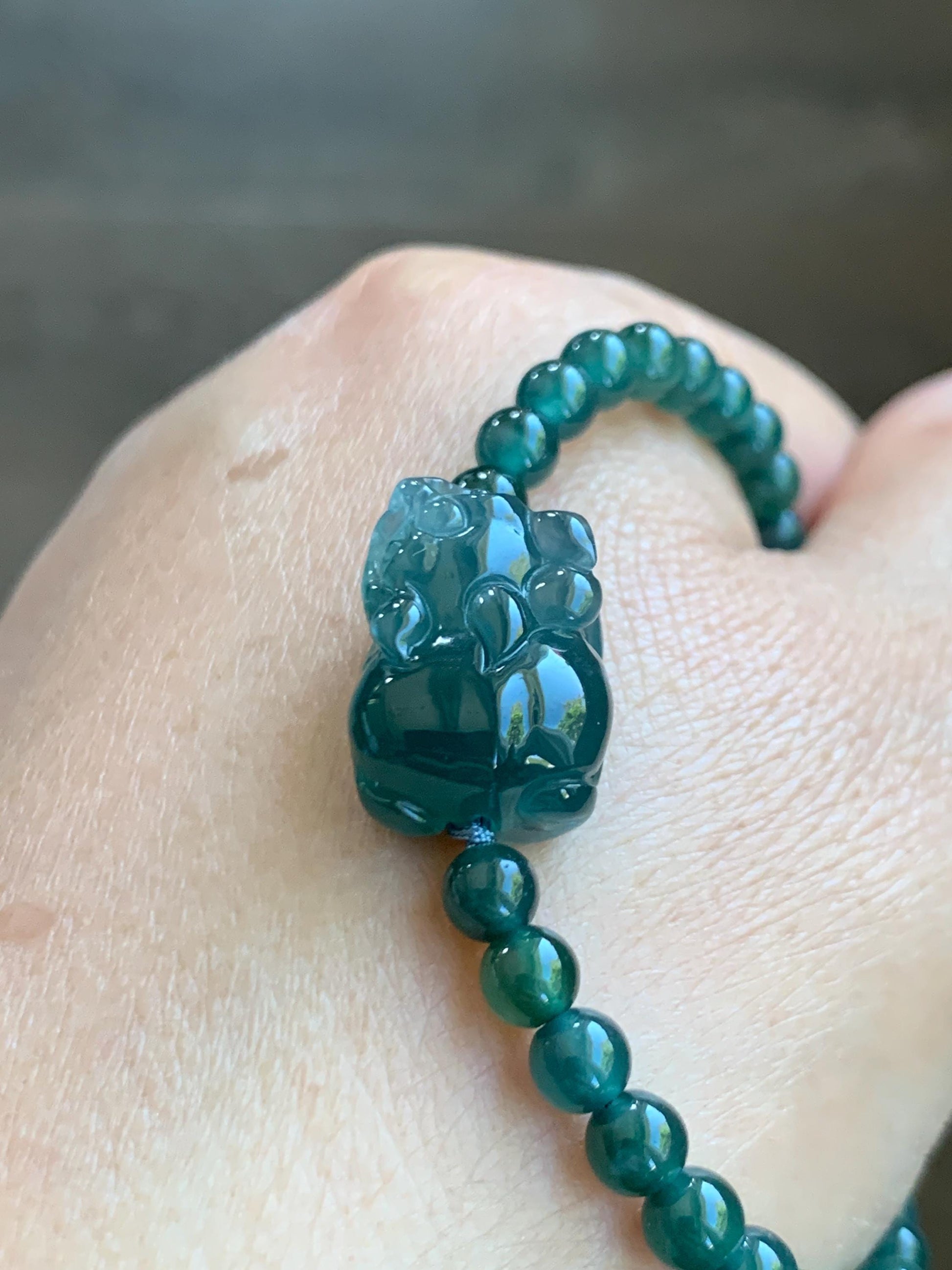 Natural Grade A Guatemalan Icy Highly Translucent Dark Teal Blue Jade Jadeite Pixiu Beaded Bracelet 6.75” 10g 天然高冰危蓝翡翠貔貅圆珠手串 GBWP388