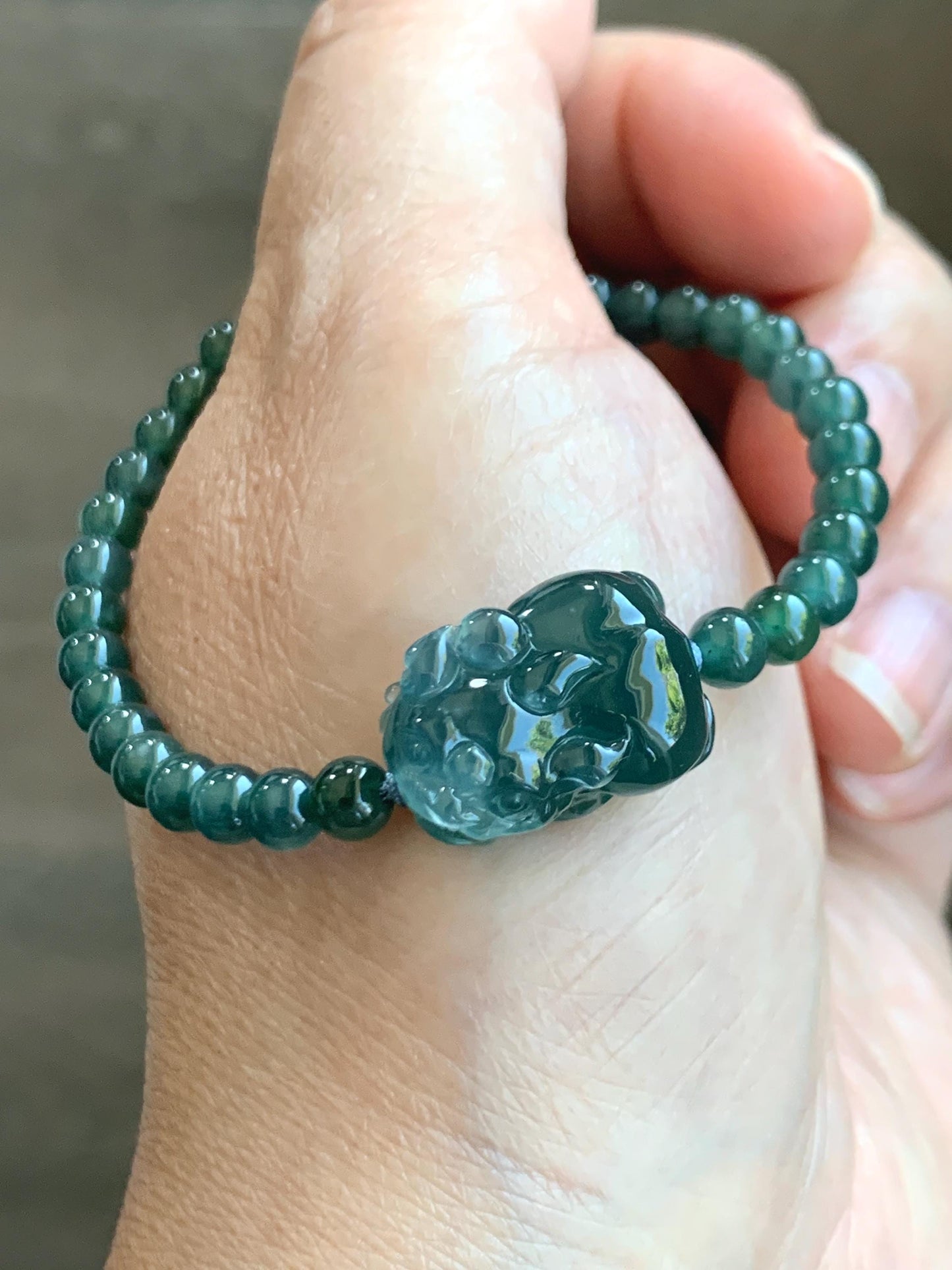 Natural Grade A Guatemalan Icy Highly Translucent Dark Teal Blue Jade Jadeite Pixiu Beaded Bracelet 6.75” 10g 天然高冰危蓝翡翠貔貅圆珠手串 GBWP388