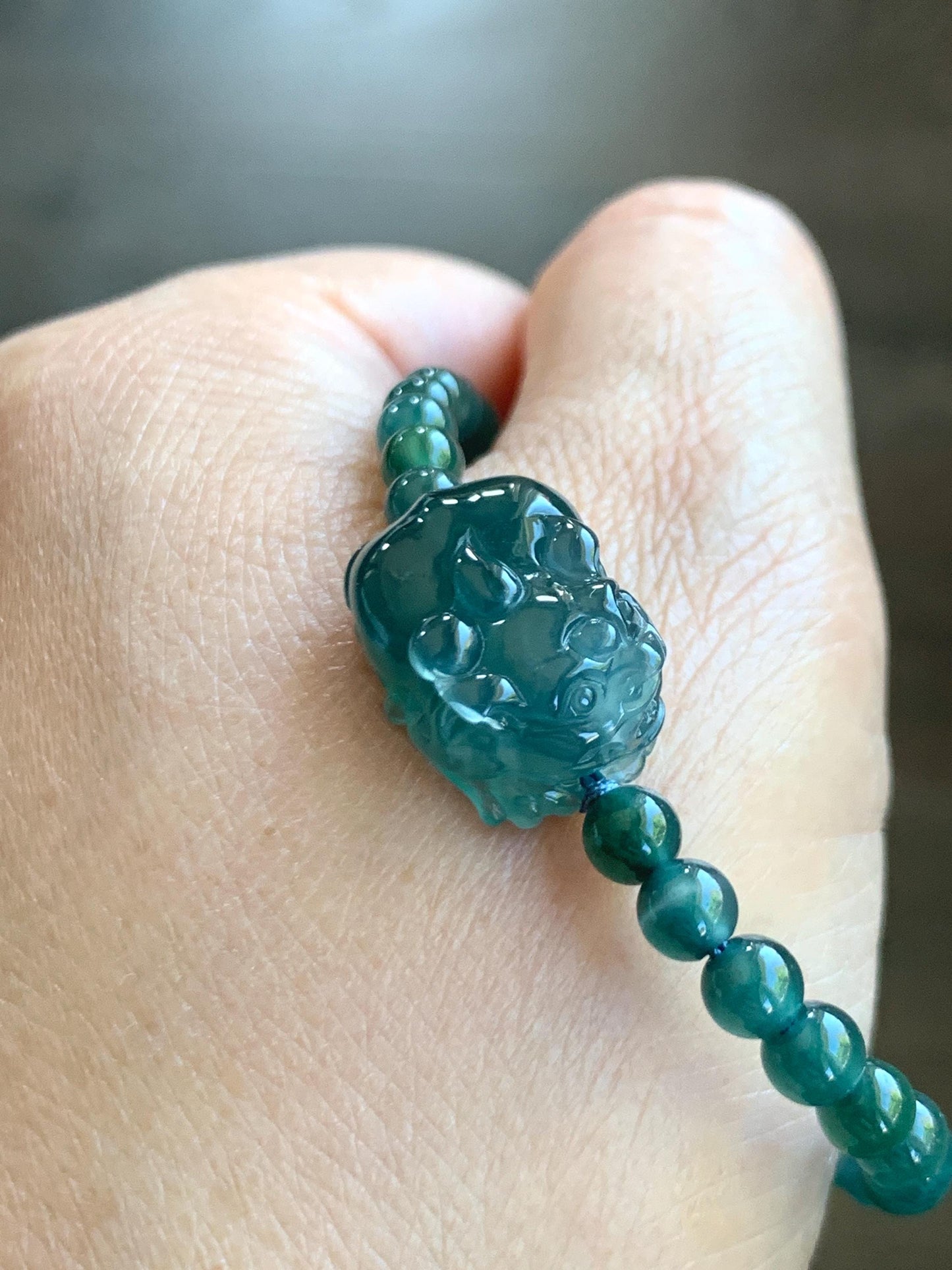 Natural Grade A Guatemalan Icy Highly Translucent Dark Teal Blue Jade Jadeite Pixiu Beaded Bracelet 6.75” 10g 天然高冰危蓝翡翠貔貅圆珠手串 GBWP388