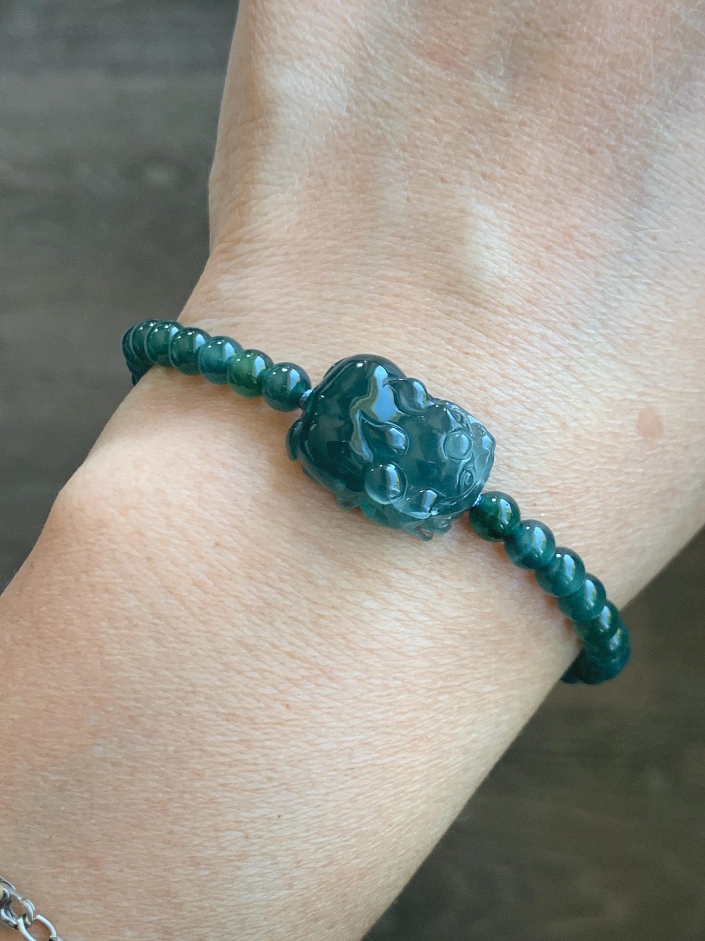Natural Grade A Guatemalan Icy Highly Translucent Dark Teal Blue Jade Jadeite Pixiu Beaded Bracelet 6.75” 10g 天然高冰危蓝翡翠貔貅圆珠手串 GBWP388