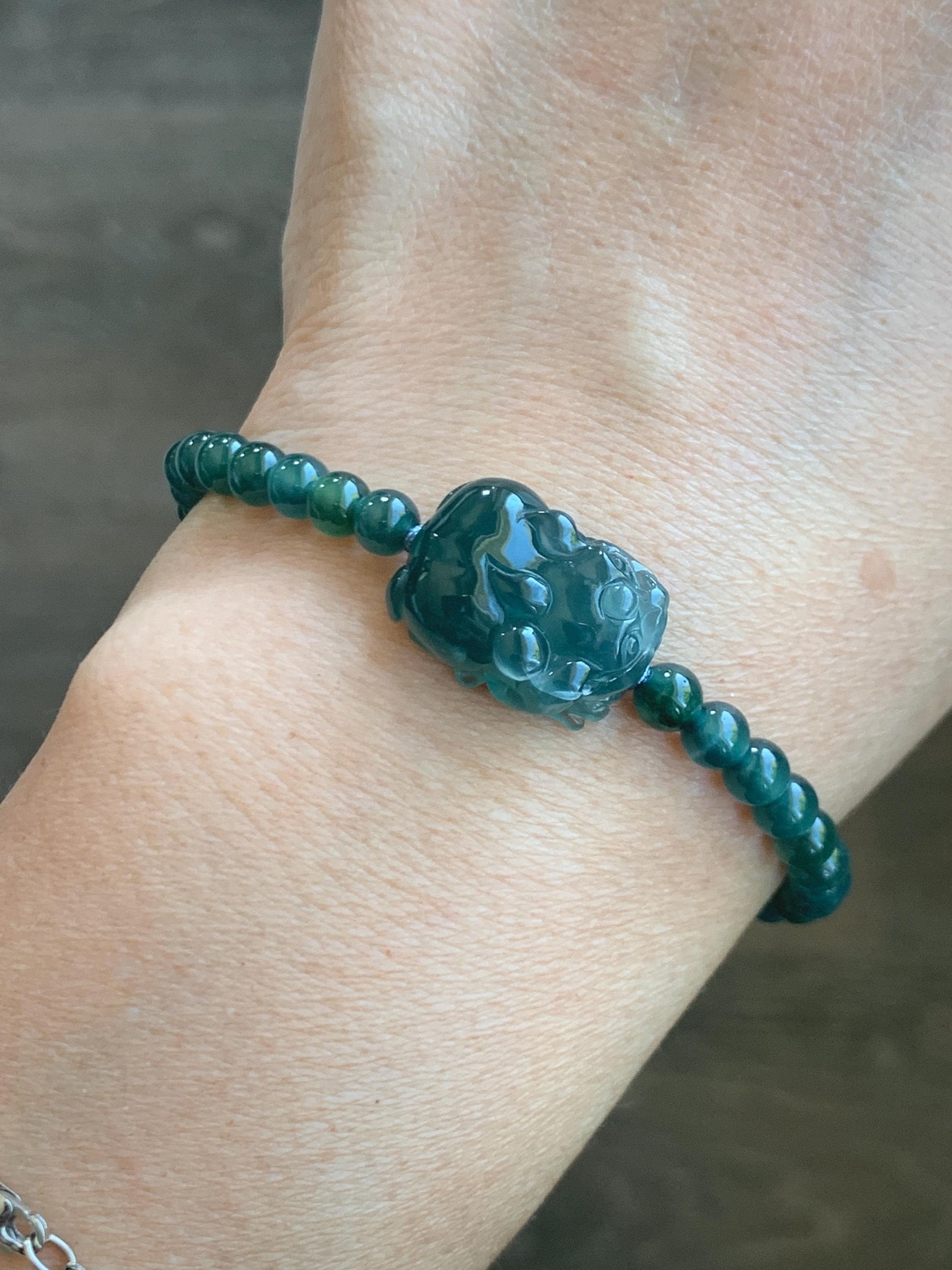 Natural Grade A Guatemalan Icy Highly Translucent Dark Teal Blue Jade Jadeite Pixiu Beaded Bracelet 6.75” 10g 天然高冰危蓝翡翠貔貅圆珠手串 GBWP388