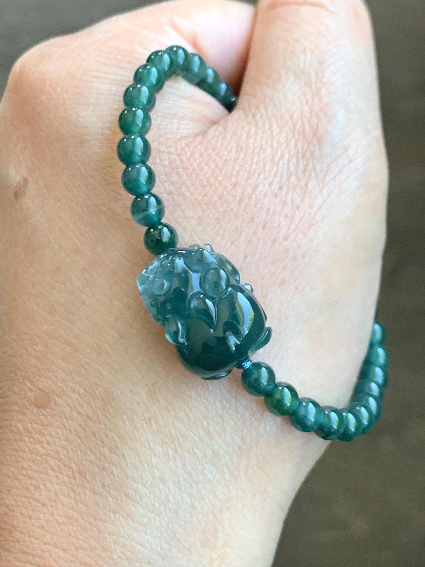 Natural Grade A Guatemalan Icy Highly Translucent Dark Teal Blue Jade Jadeite Pixiu Beaded Bracelet 6.75” 10g 天然高冰危蓝翡翠貔貅圆珠手串 GBWP388