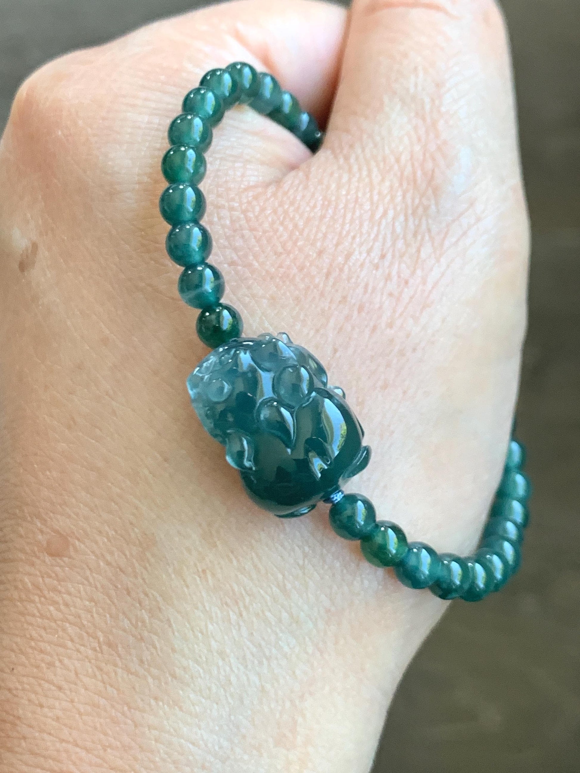 Natural Grade A Guatemalan Icy Highly Translucent Dark Teal Blue Jade Jadeite Pixiu Beaded Bracelet 6.75” 10g 天然高冰危蓝翡翠貔貅圆珠手串 GBWP388