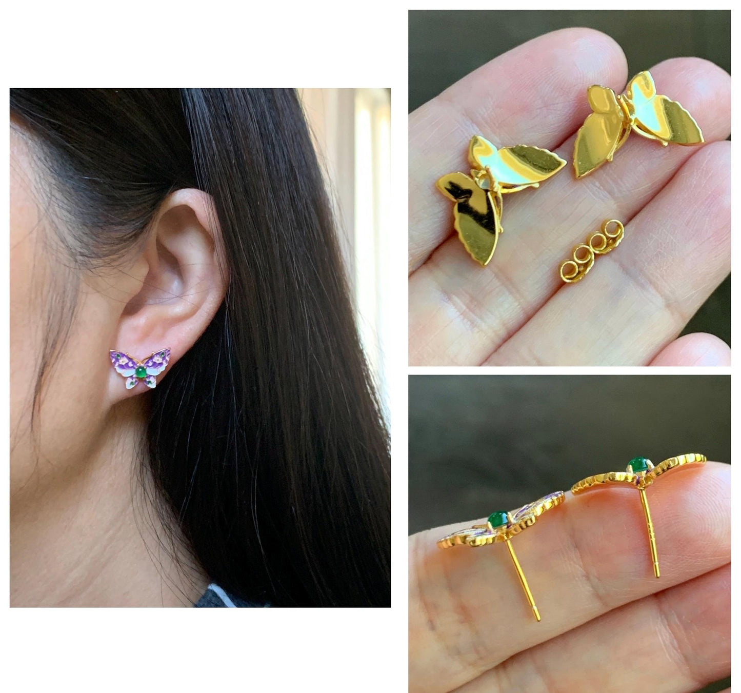 Natural Grade A Guatemalan Icy Translucent Vibrant Green Jade Jadeite Butterfly Enamel Earrings Sterling Silver 天然冰危绿翡翠银镶蝴蝶烤漆耳钉 KQHJ66