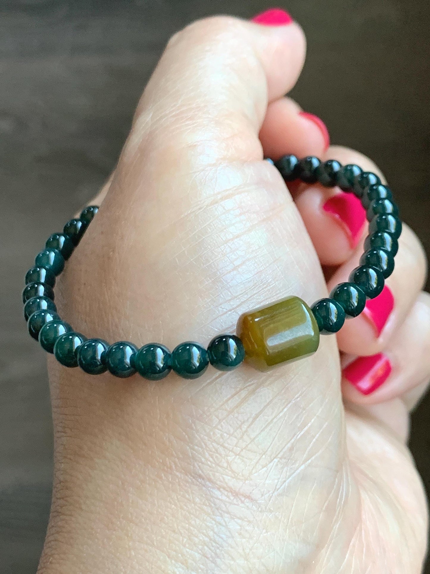 Natural Grade A Guatemalan Icy Translucent Dark Teal Jadeite Petite Beads Yellow Barrel Bead Beaded Bracelet 7” 8g 天然冰危深篮翡翠小圆珠冰黄桶珠手串 SWLT143