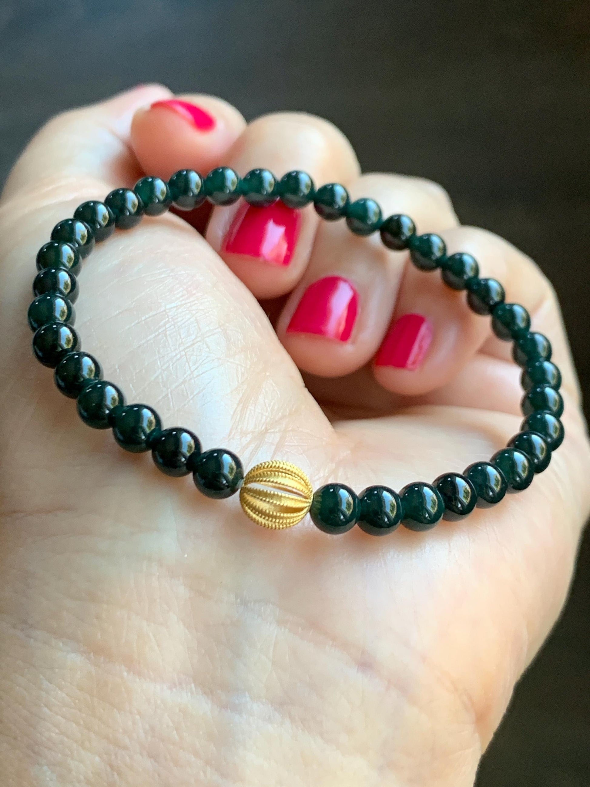 Natural Grade A Guatemalan Icy Translucent Dark Teal Jade Jadeite Petite Beads Beaded Bracelet Sterling Silver 6.75” 天然冰危深篮翡翠小圆珠手串 SWLQ100