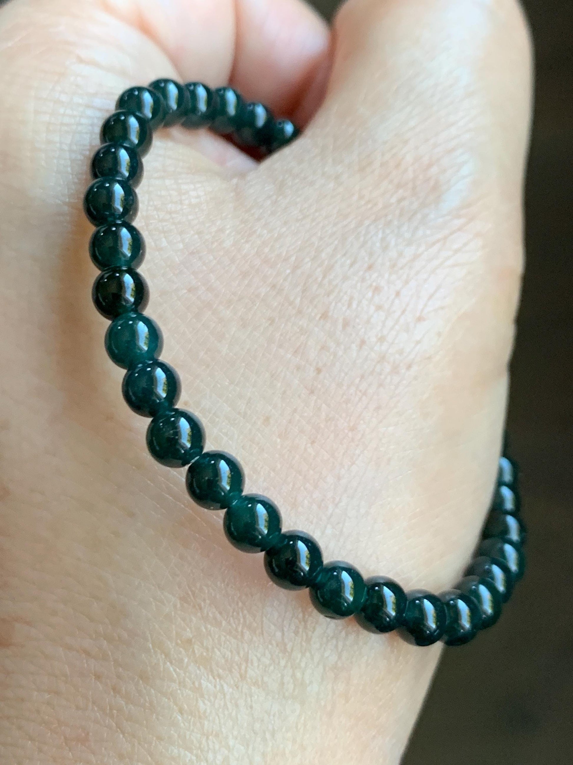 Natural Grade A Guatemalan Icy Translucent Dark Teal Jade Jadeite Petite Beads Beaded Bracelet Sterling Silver 6.75” 天然冰危深篮翡翠小圆珠手串 SWLQ100