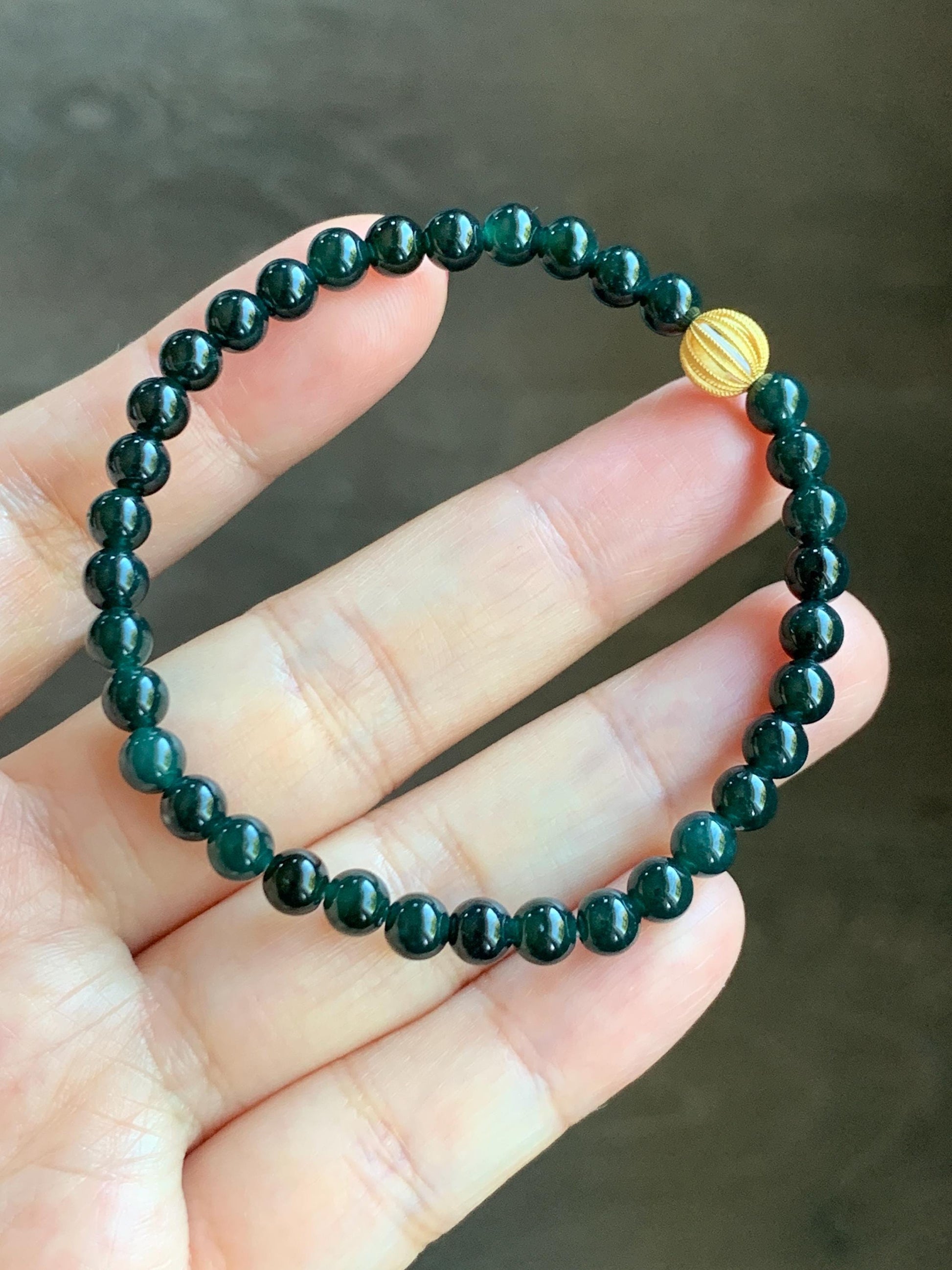 Natural Grade A Guatemalan Icy Translucent Dark Teal Jade Jadeite Petite Beads Beaded Bracelet Sterling Silver 6.75” 天然冰危深篮翡翠小圆珠手串 SWLQ100