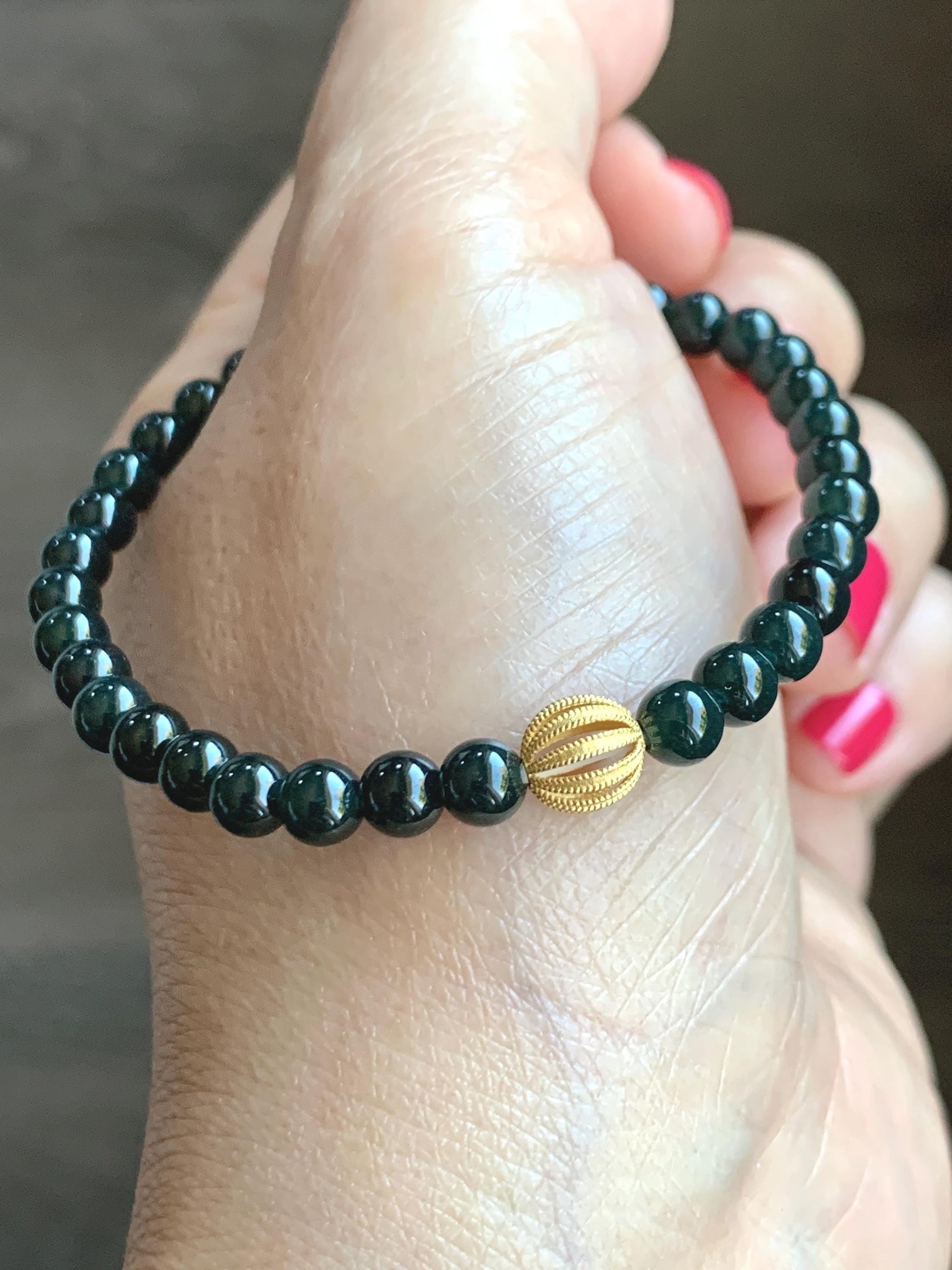 Natural Grade A Guatemalan Icy Translucent Dark Teal Jade Jadeite Petite Beads Beaded Bracelet Sterling Silver 6.75” 天然冰危深篮翡翠小圆珠手串 SWLQ100