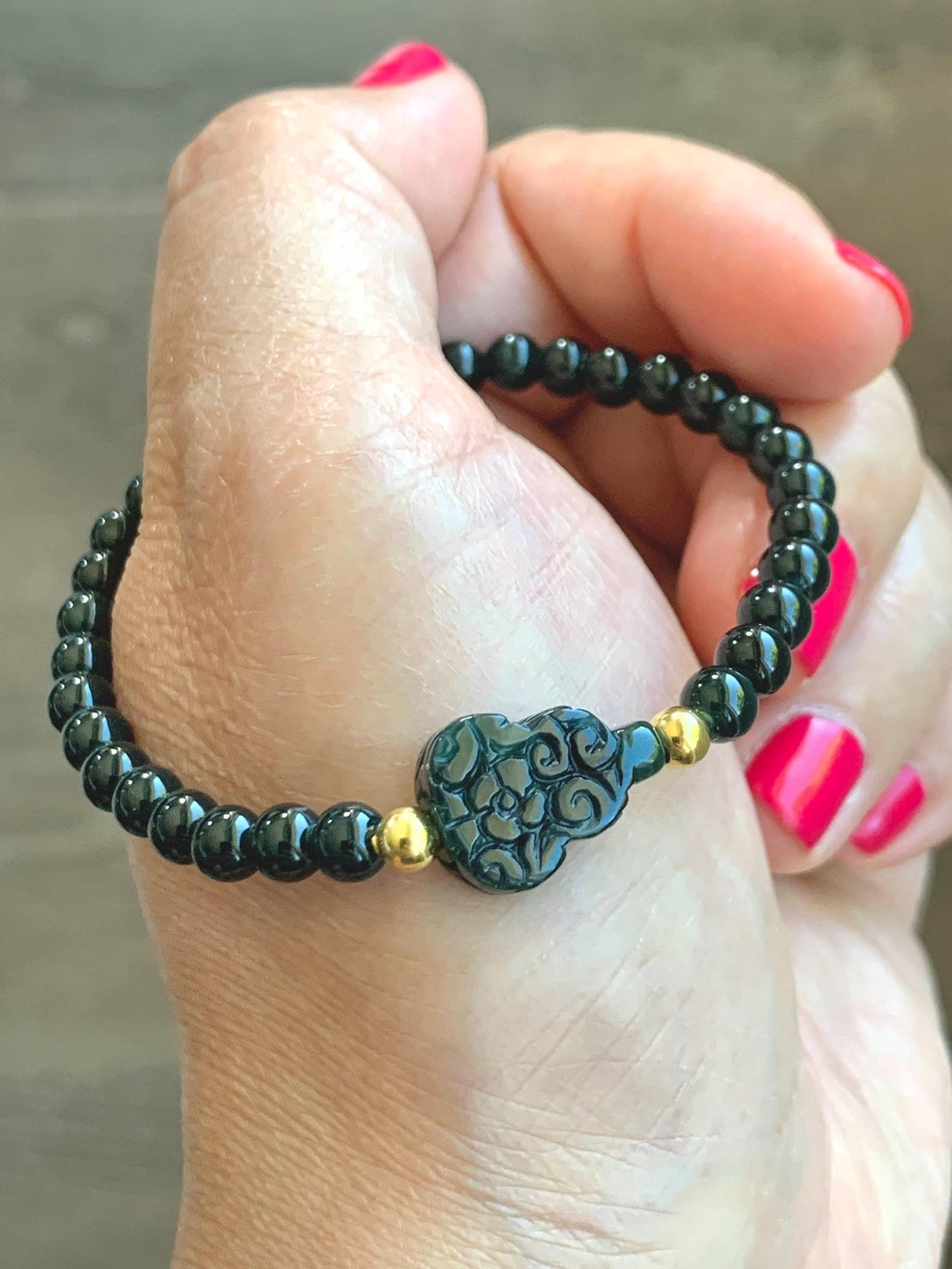 Natural Grade A Guatemalan Icy Translucent Dark Teal Jade Jadeite Petite Beads Engraved Gourd Beaded Bracelet 6.75” 天然冰危深篮翡翠小圆珠葫芦手串 SWLH190