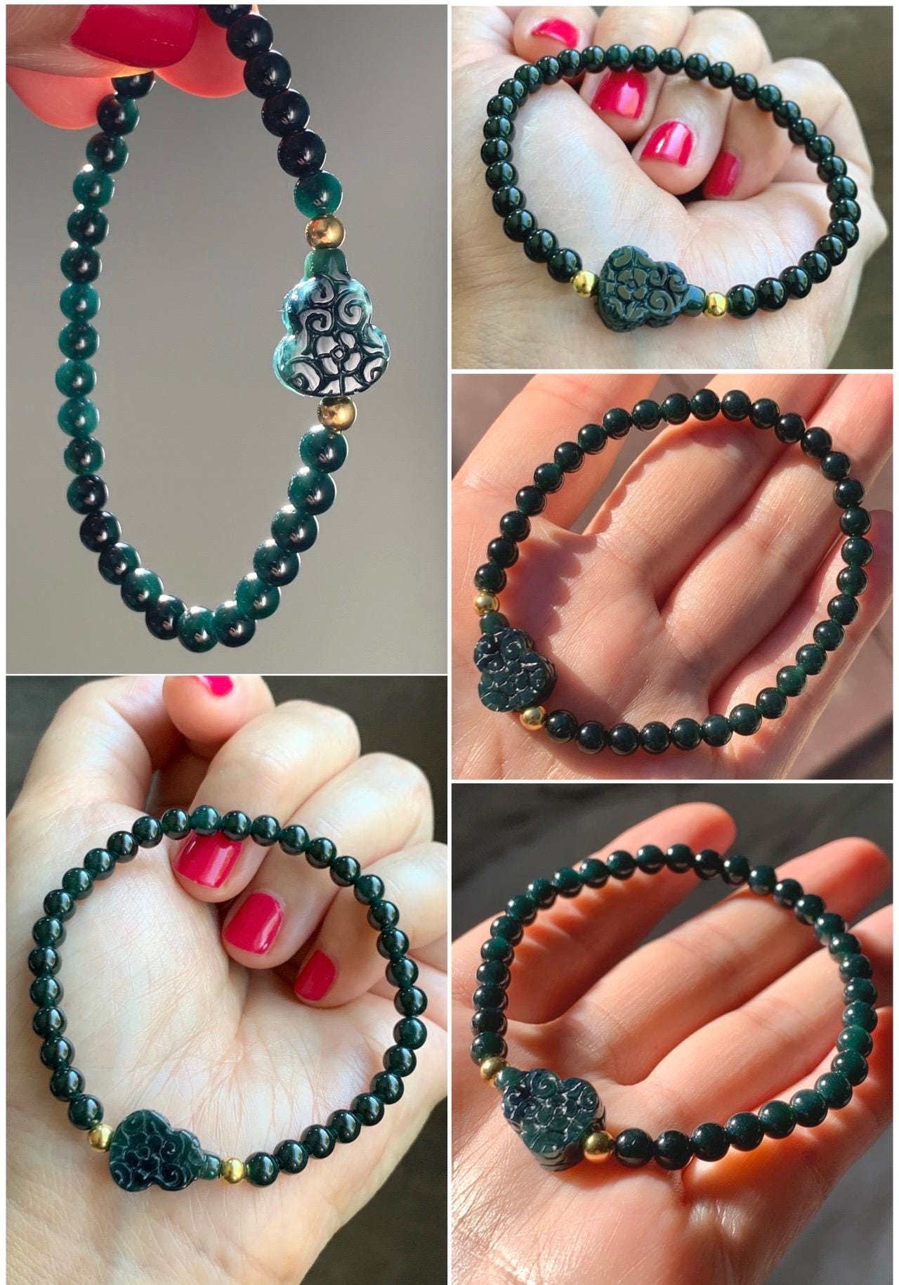 Natural Grade A Guatemalan Icy Translucent Dark Teal Jade Jadeite Petite Beads Engraved Gourd Beaded Bracelet 6.75” 天然冰危深篮翡翠小圆珠葫芦手串 SWLH190