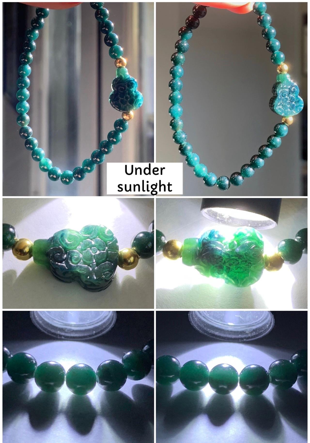 Natural Grade A Guatemalan Icy Translucent Dark Teal Jade Jadeite Petite Beads Engraved Gourd Beaded Bracelet 6.75” 天然冰危深篮翡翠小圆珠葫芦手串 SWLH190