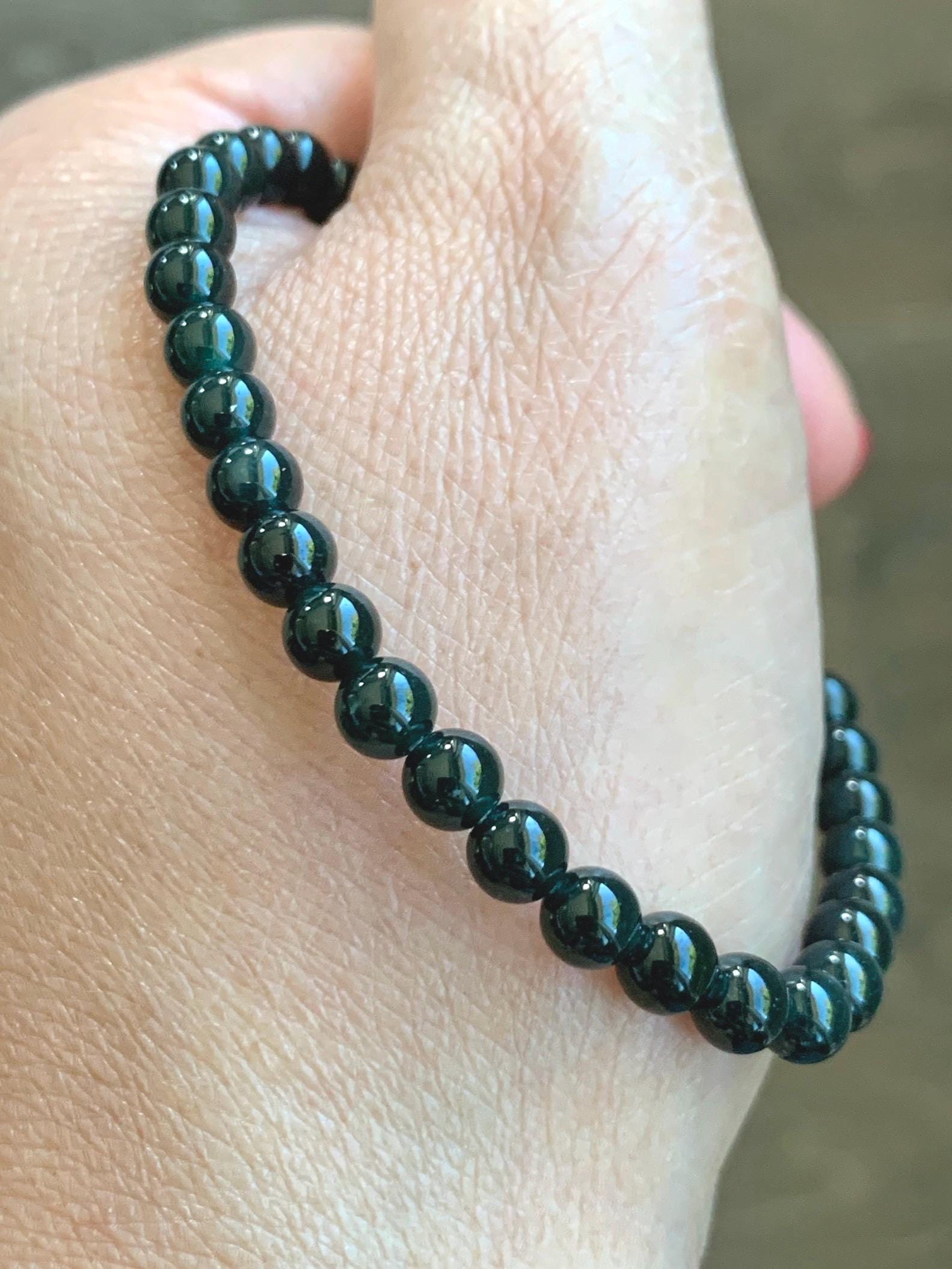 Natural Grade A Guatemalan Icy Translucent Dark Teal Jade Jadeite Petite Beads Engraved Gourd Beaded Bracelet 6.75” 天然冰危深篮翡翠小圆珠葫芦手串 SWLH190