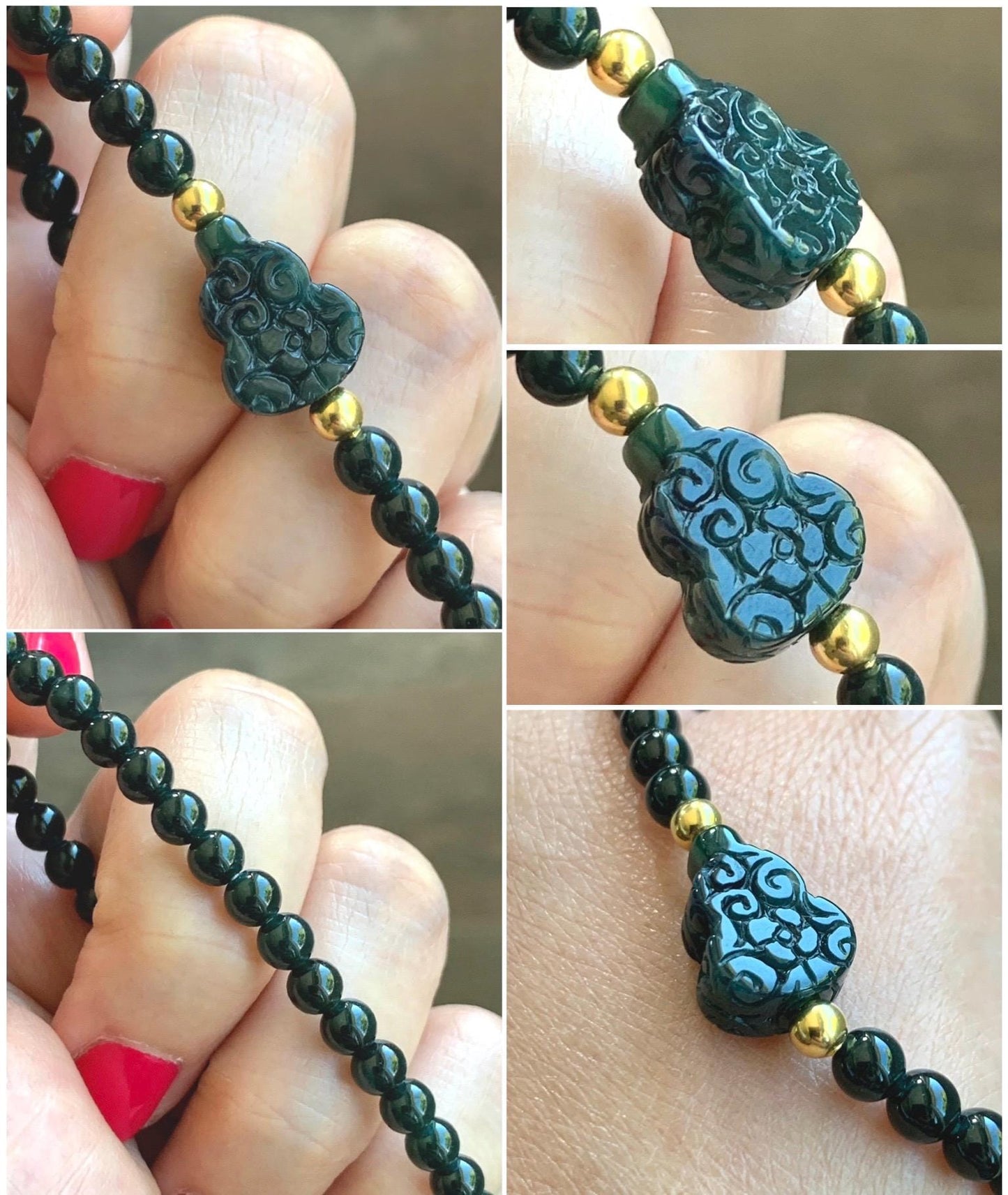 Natural Grade A Guatemalan Icy Translucent Dark Teal Jade Jadeite Petite Beads Engraved Gourd Beaded Bracelet 6.75” 天然冰危深篮翡翠小圆珠葫芦手串 SWLH190