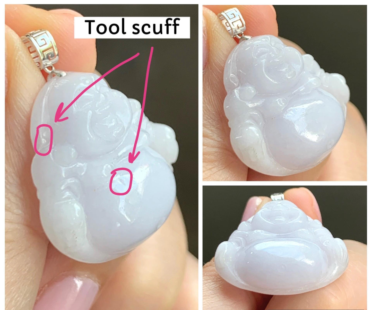 Natural Grade A Icy Translucent White Jadeite Light Purple Undertone Carved Buddha Pendant 18K White Gold Bail 8g 天然细糯白冰紫底翡翠佛公镶嵌吊坠 A