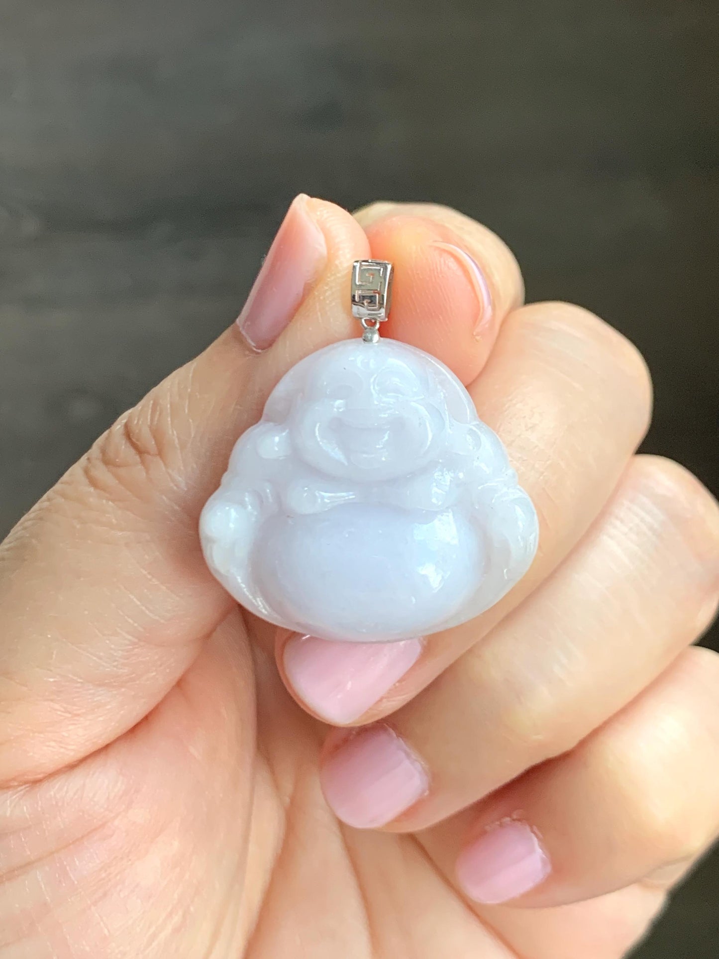 Natural Grade A Icy Translucent White Jadeite Light Purple Undertone Carved Buddha Pendant 18K White Gold Bail 8g 天然细糯白冰紫底翡翠佛公镶嵌吊坠 A