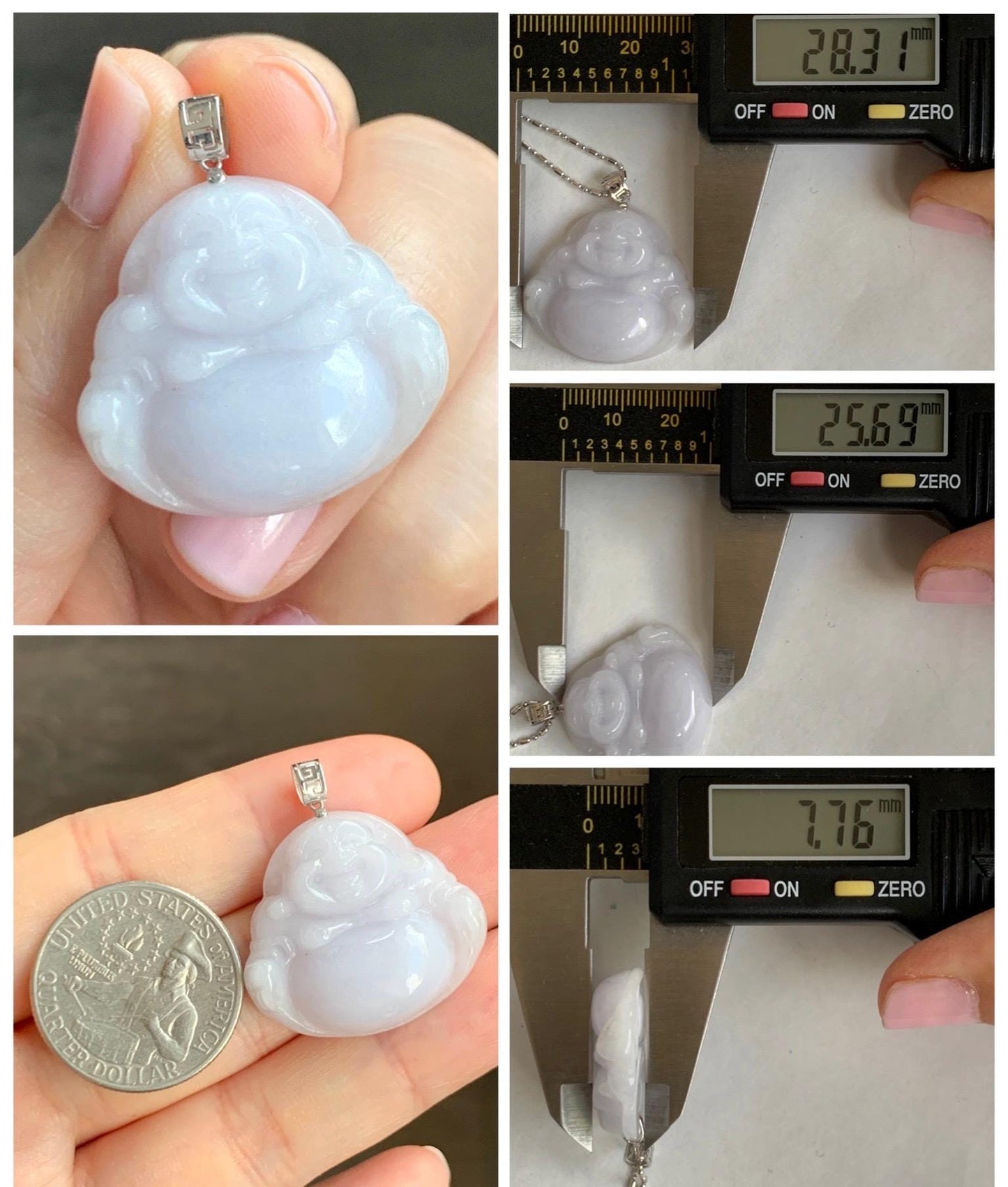 Natural Grade A Icy Translucent White Jadeite Light Purple Undertone Carved Buddha Pendant 18K White Gold Bail 8g 天然细糯白冰紫底翡翠佛公镶嵌吊坠 A