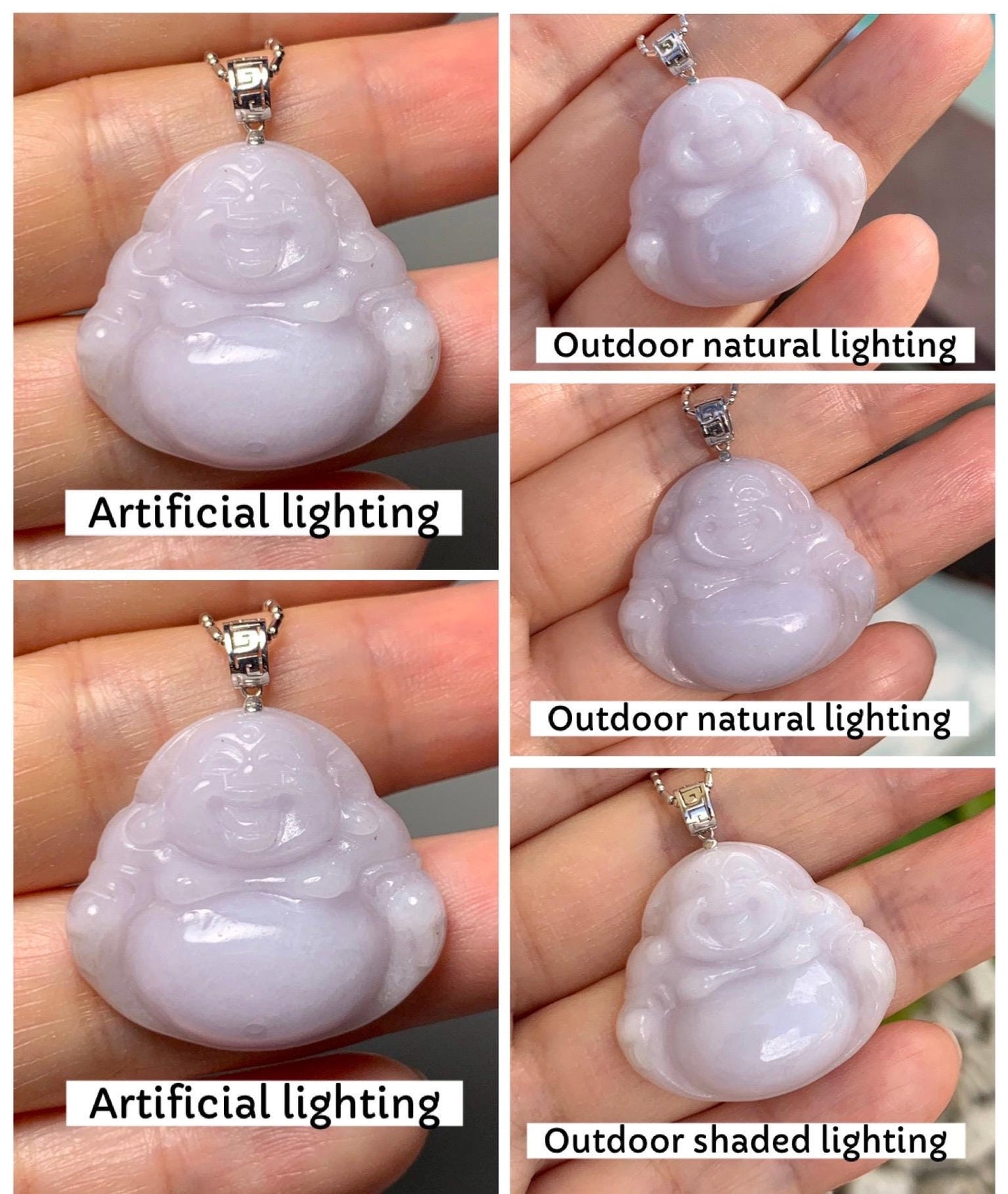 Natural Grade A Icy Translucent White Jadeite Light Purple Undertone Carved Buddha Pendant 18K White Gold Bail 8g 天然细糯白冰紫底翡翠佛公镶嵌吊坠 A